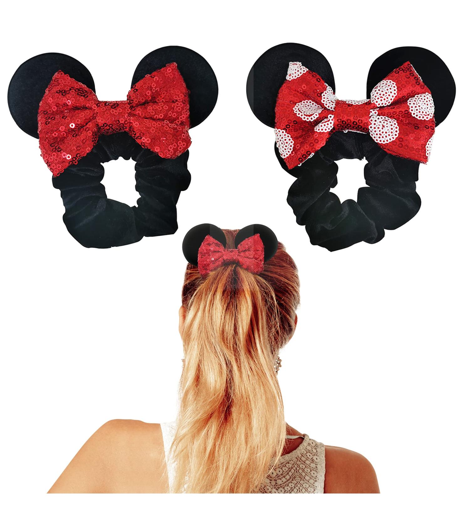 Styla Hair 2 Pack Mouse Ear Scrunchies for Kids & Women - Red & Black Velvet Bow Scrunchies - Sparkle Sequins Hair Bands - Buy Online on GoSupps.com