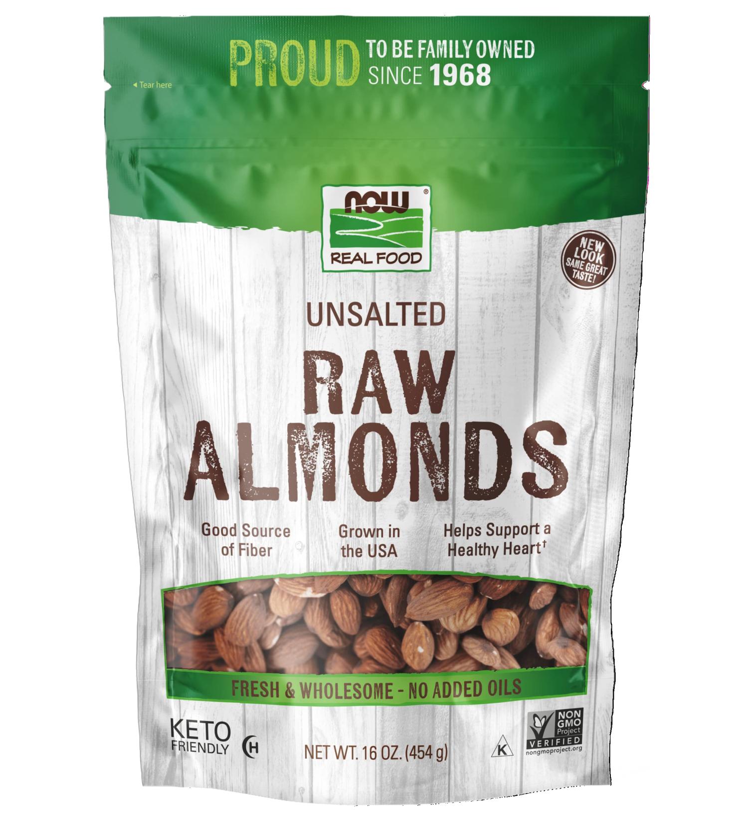 Now Foods Almonds Raw Unsalted USA Grown 16oz - Protein Source - 1lb Pack - Buy Online on GoSupps.com