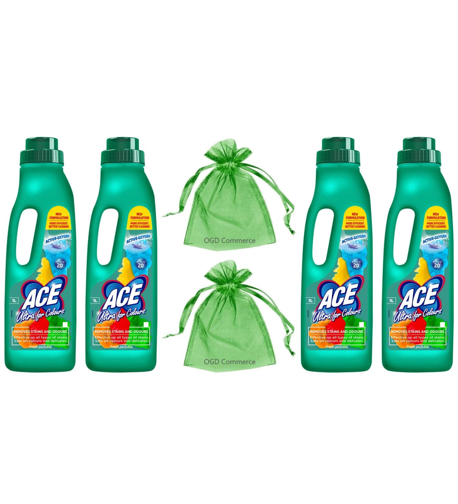 Ace Ultra for Colours Remove stains & odours Hygienic Cleaning 1L Fresh Perfume 4Pk + Gift For you Organza small bag - Buy Online on GoSupps.com