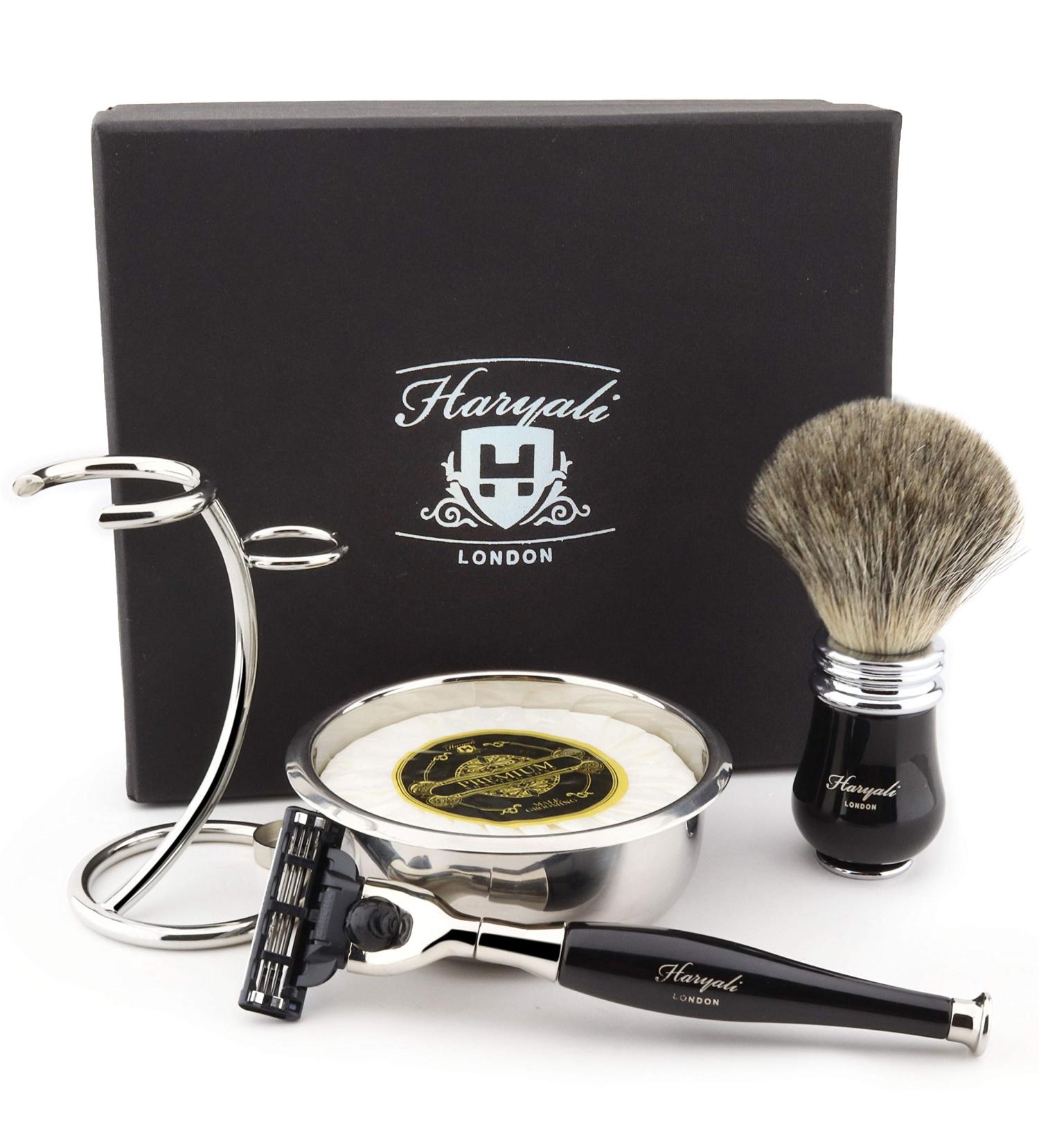 Haryali London Men's Shaving Set | Premium 3-Edge Razor Badger Hair Brush Soap & Bowl | International Shipping Available - Buy Online on GoSupps.com