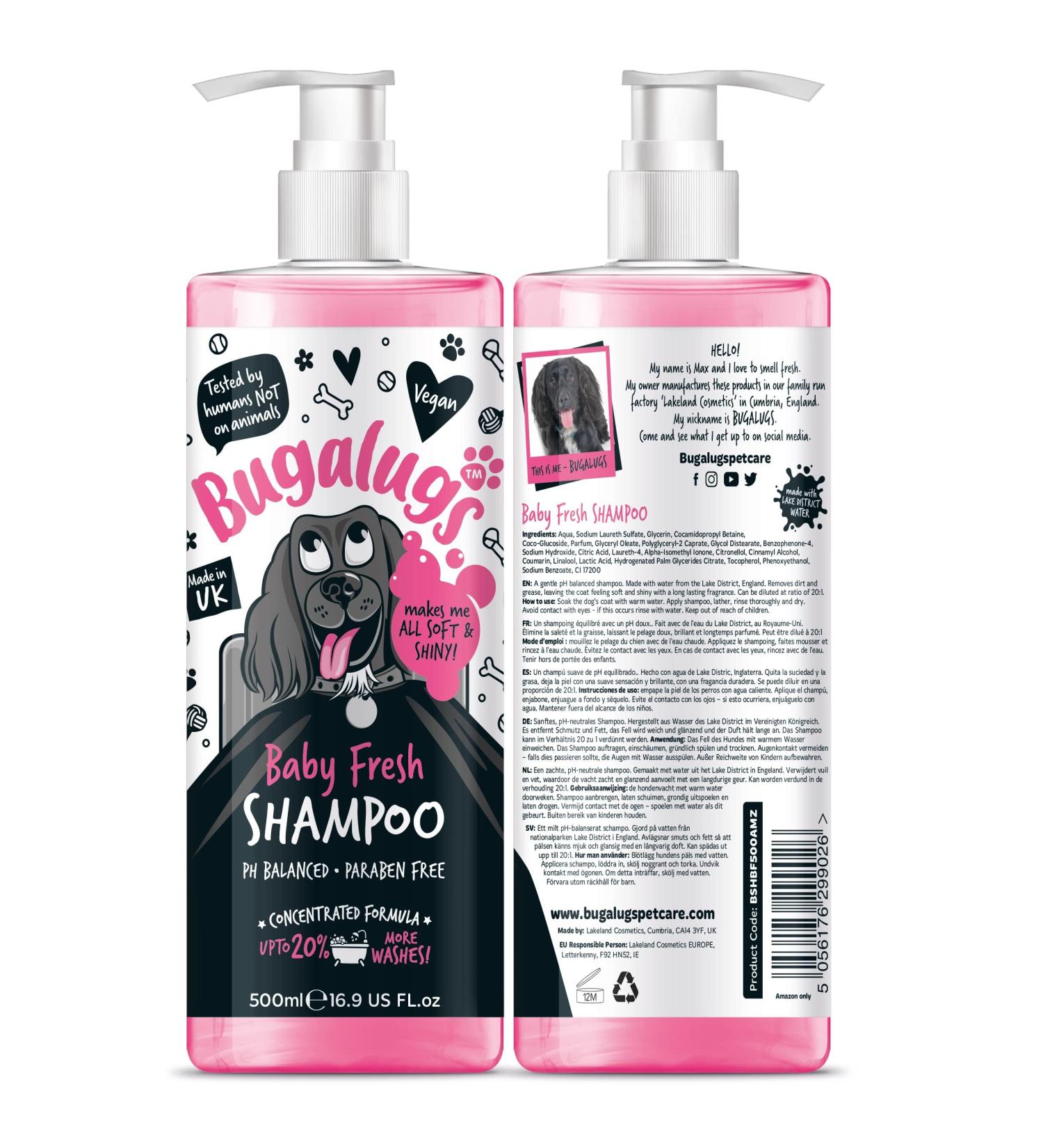 BUGALUGS Baby Fresh Dog Shampoo 500ml dog grooming products for smelly dogs with baby powder scent Vegan best pet puppy shampoo conditioner professional (1x500ml) - Buy Online on GoSupps.com