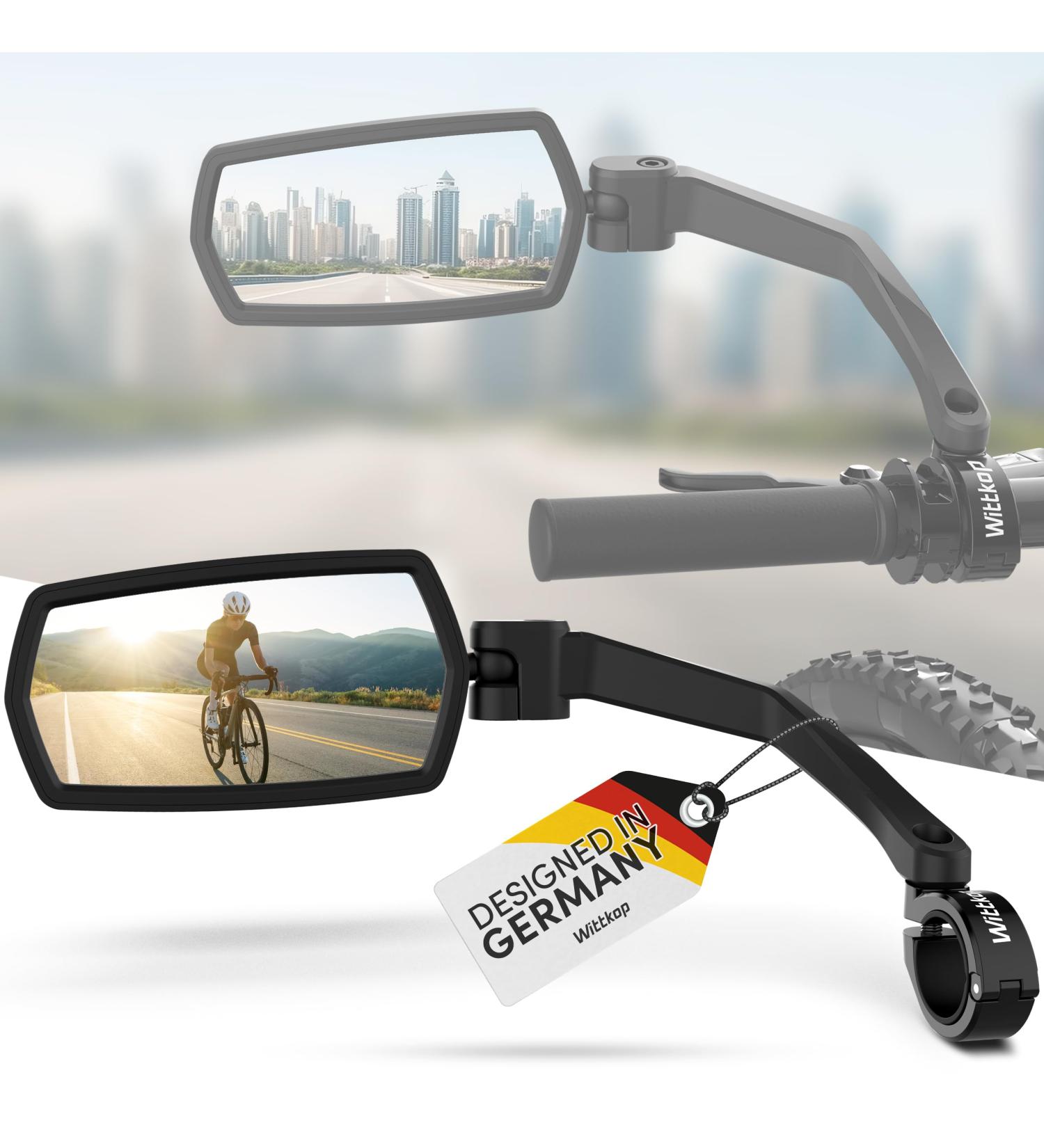 Wittkop Bike Mirror - Large HD Field of Vision | 360 Rotating & Foldable | Durable Convex Rear View Mirror for Bicycles & E-Bikes | Left Handlebar Assembly - Buy Online on GoSupps.com