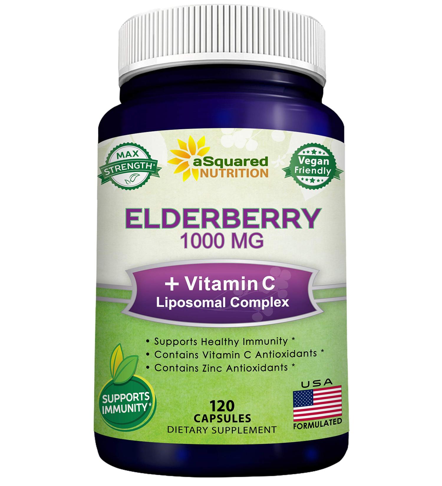 Black Elderberry Capsules with Vitamin C & Zinc - 1000mg Sambucus Nigra & Liposomal VIT C - Immune Support Booster - 120 Veggie Caps - Buy Online on GoSupps.com