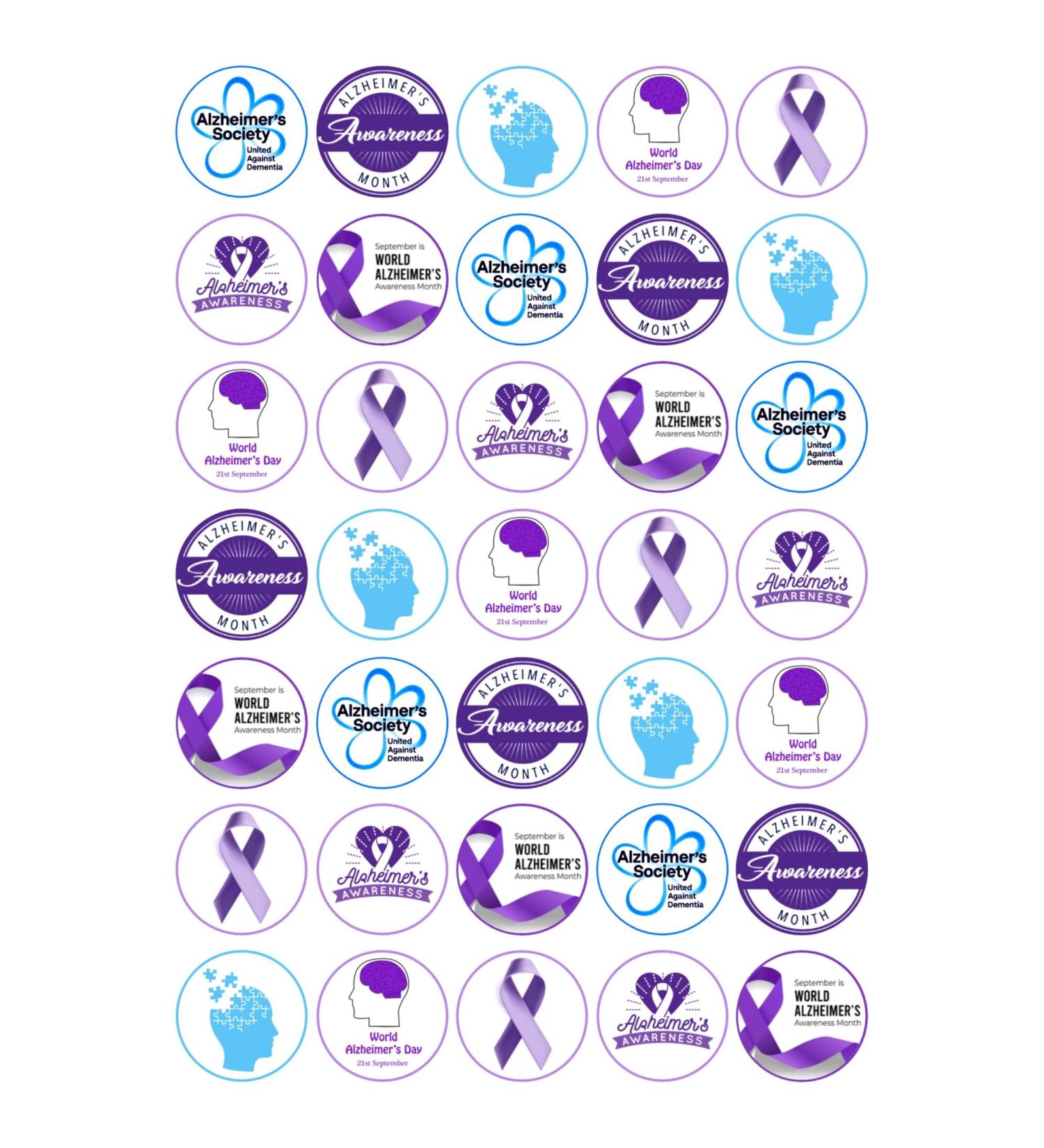 35 x Alzheimer's Awareness Mix Edible Wafer or Icing Cupcake Topper Fun Charity Party Cake Decorations Perfect For Brownies Cookies Muffins & More! (Premium Icing Sheet)