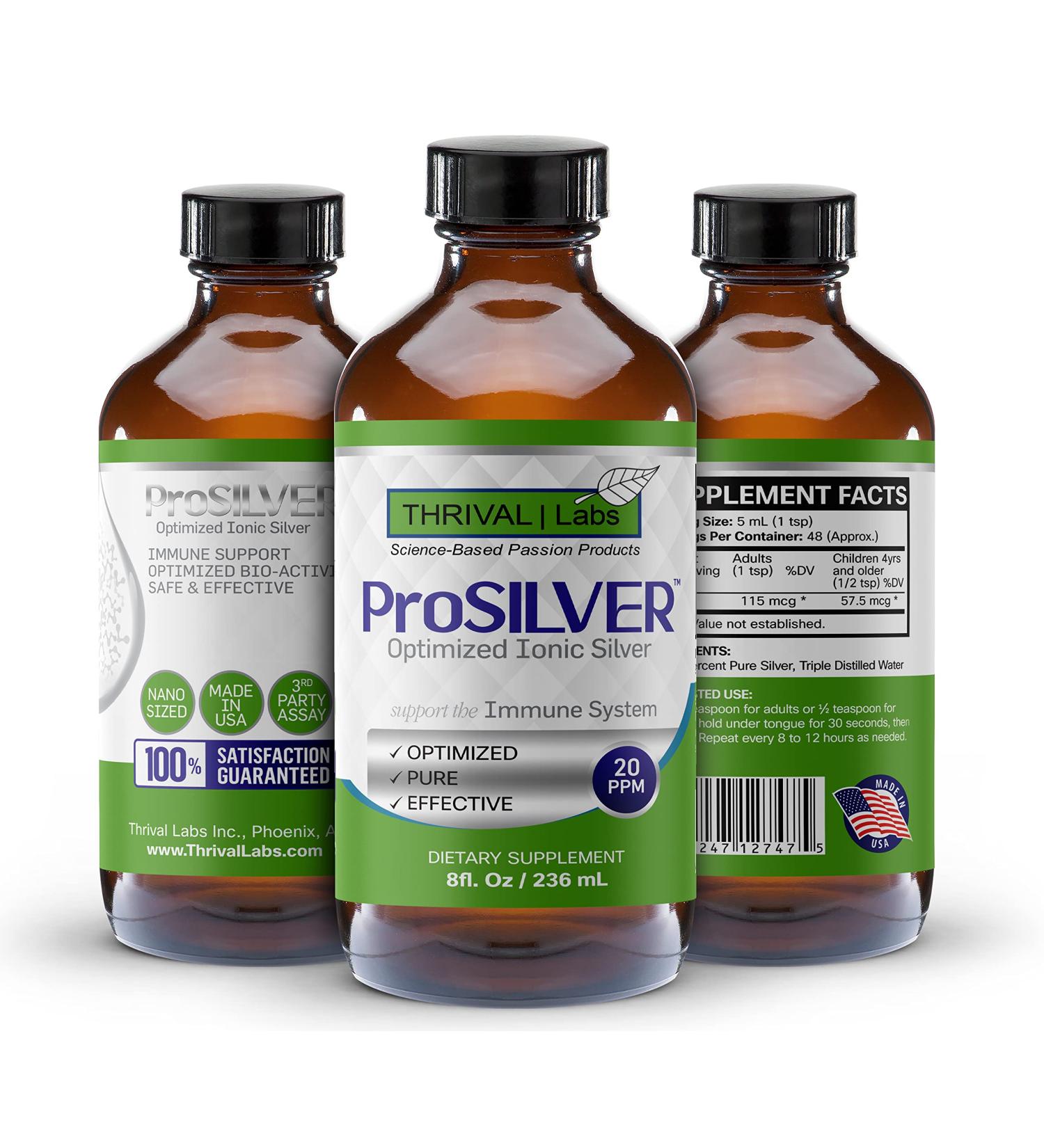 ProSILVER Ionic Colloidal Silver Liquid - 20 PPM Bio-Active for Immune Support | 8oz Dark Glass Bottle with Dropper | 48 Servings - Thrival Labs - Buy Online on GoSupps.com