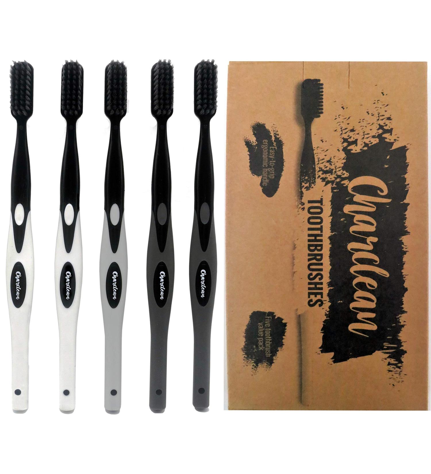 5 Pack Activated Charcoal Infused Ultra Soft Toothbrushes - Naturally Whitening - Ergonomic Soft Touch Handle - Grey - Buy Online on GoSupps.com