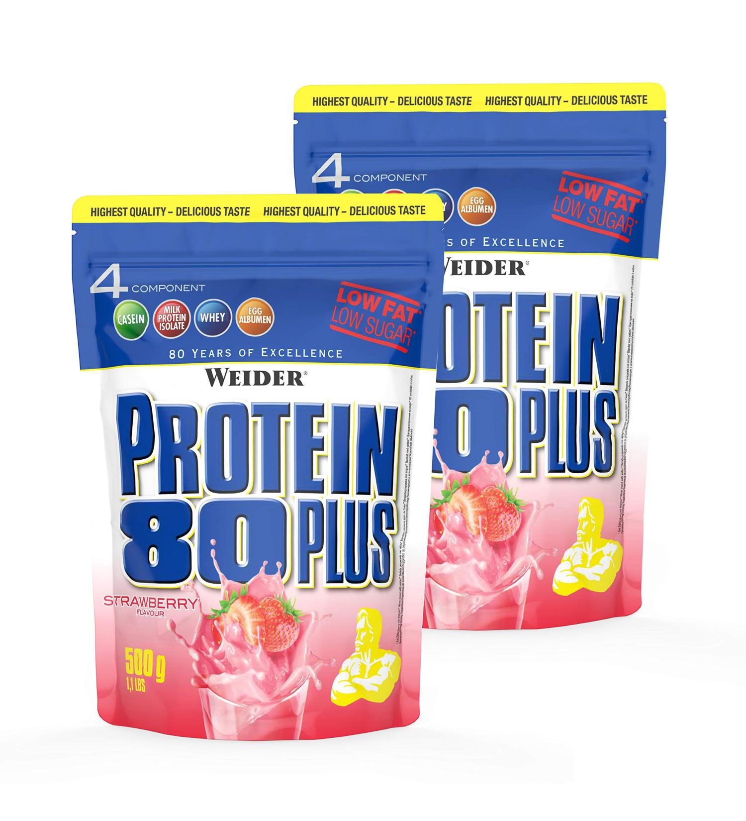 Buy WEIDER Protein 80 Plus Powder - Strawberry Low-Carb Multi-Component Whey & Casein Mix (2x500g) - International Shipping Available - Buy Online on GoSupps.com