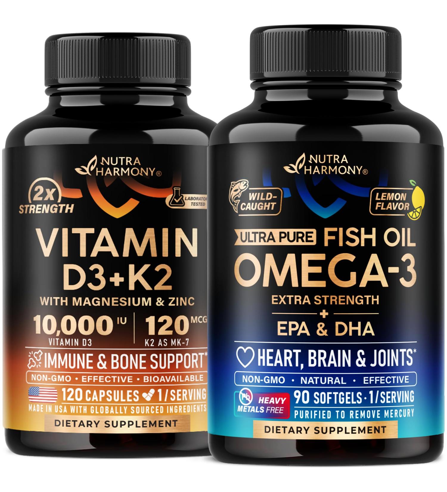 NUTRAHARMONY Vitamin D3 K2 Capsules & Omega 3 Fish Oil Softgels