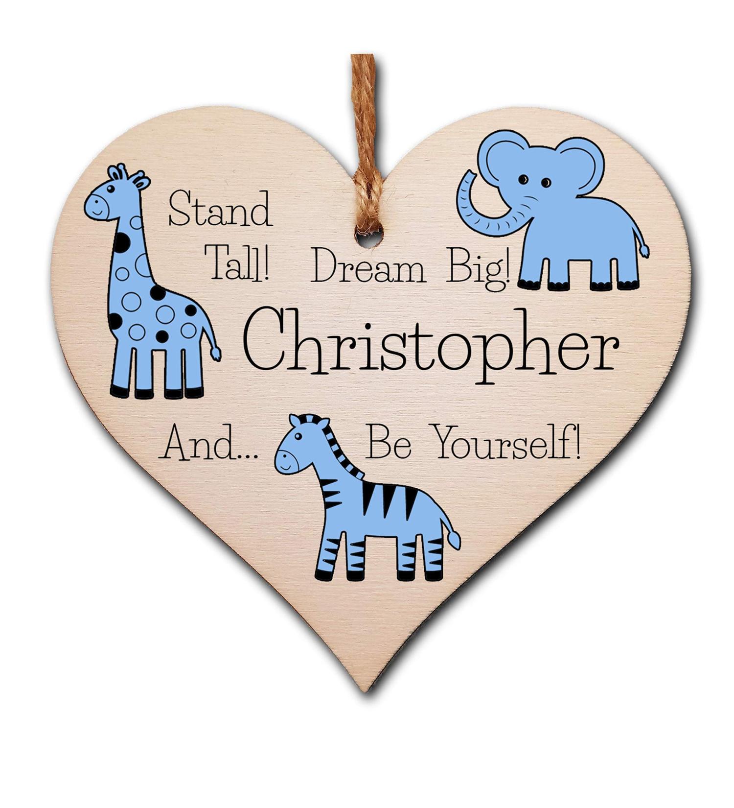Personalised Wooden Hanging Heart Plaque - Be Brave Dream Big | Blue Safari Animals | New Baby Gift - Buy Online on GoSupps.com