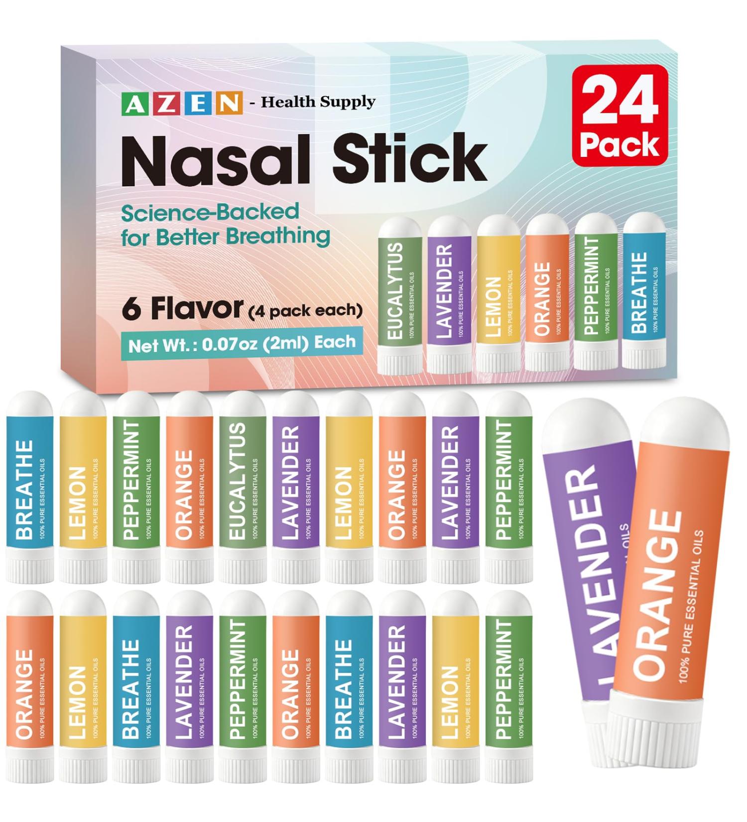 AZEN Nasal Sticks (24 Pack) Portable Inhaler Stick for Nasal Congestion Relief Focus Boost Non-Medicated Refreshing Vapors with Essential Oils - Buy Online on GoSupps.com