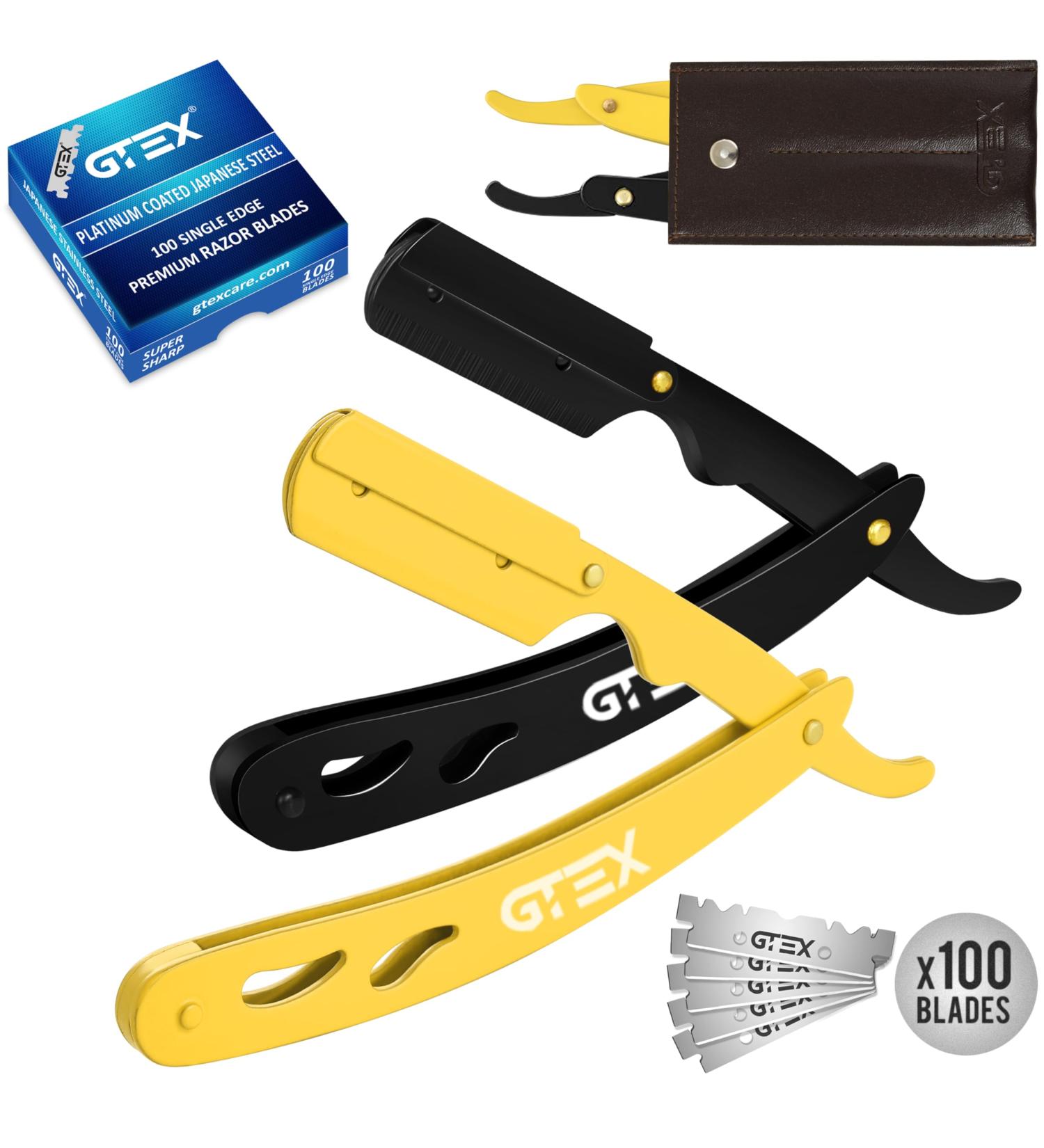 GTEX Razor Men Set - 2 Premium Razors (Yellow & Black) + 100 Blades & Leather Bag - Ultimate Shaving Experience - Buy Online on GoSupps.com