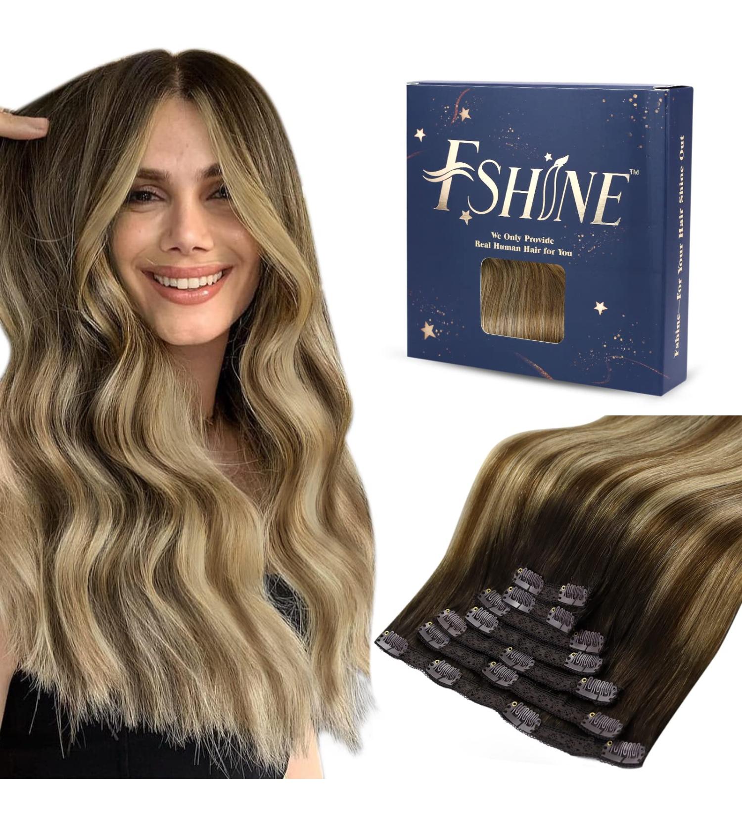 Shop FSHINE Clip-In Extensions - Real Hair Balayage Medium Brown & Platinum Blonde - Affordable 35cm 120g 7-Piece Set - Buy Online on GoSupps.com