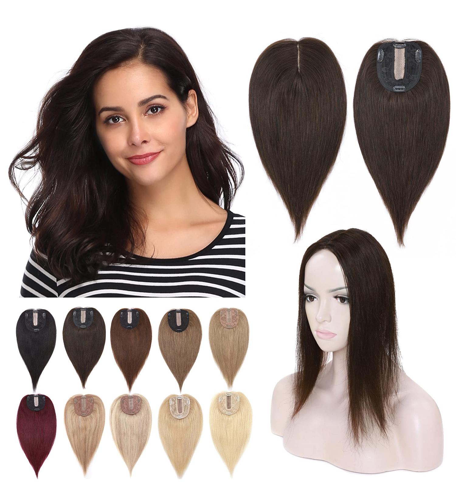 SEGO Human Hair Topper 6 Inch Dark Brown - Silk Base Clip-in Hair Piece for Women with Slight Hair Loss - 130% Density - Cover Gray Hair - Buy Online on GoSupps.com