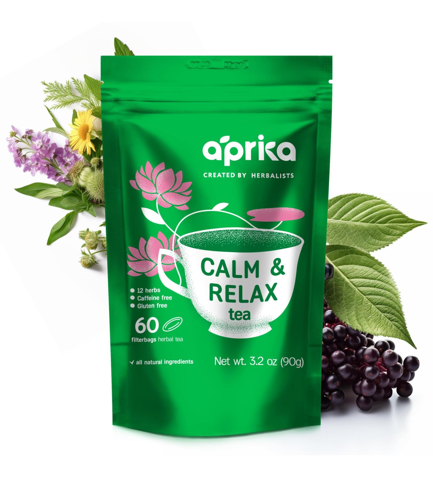 AprikaLife - Calm and Relax Herbal Tea with Chamomile Peppermint and Lavender - 60 Tea Bags. Delicious Herbal Blend for a Calming Experience Calm & Relax Tea - Buy Online on GoSupps.com