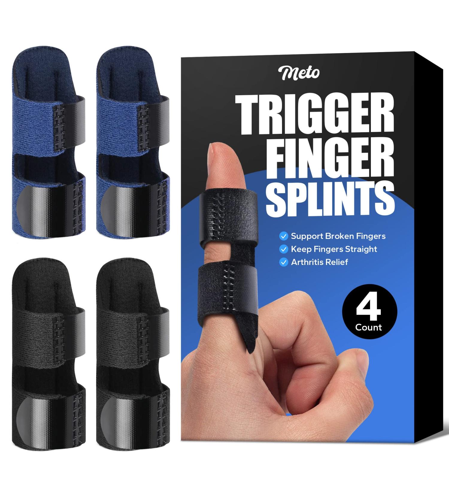 Meto Finger Splints (4 Count) - Trigger Finger Brace for Straightening Support, Arthritis Relief - Black & Blue - Buy Online on GoSupps.com