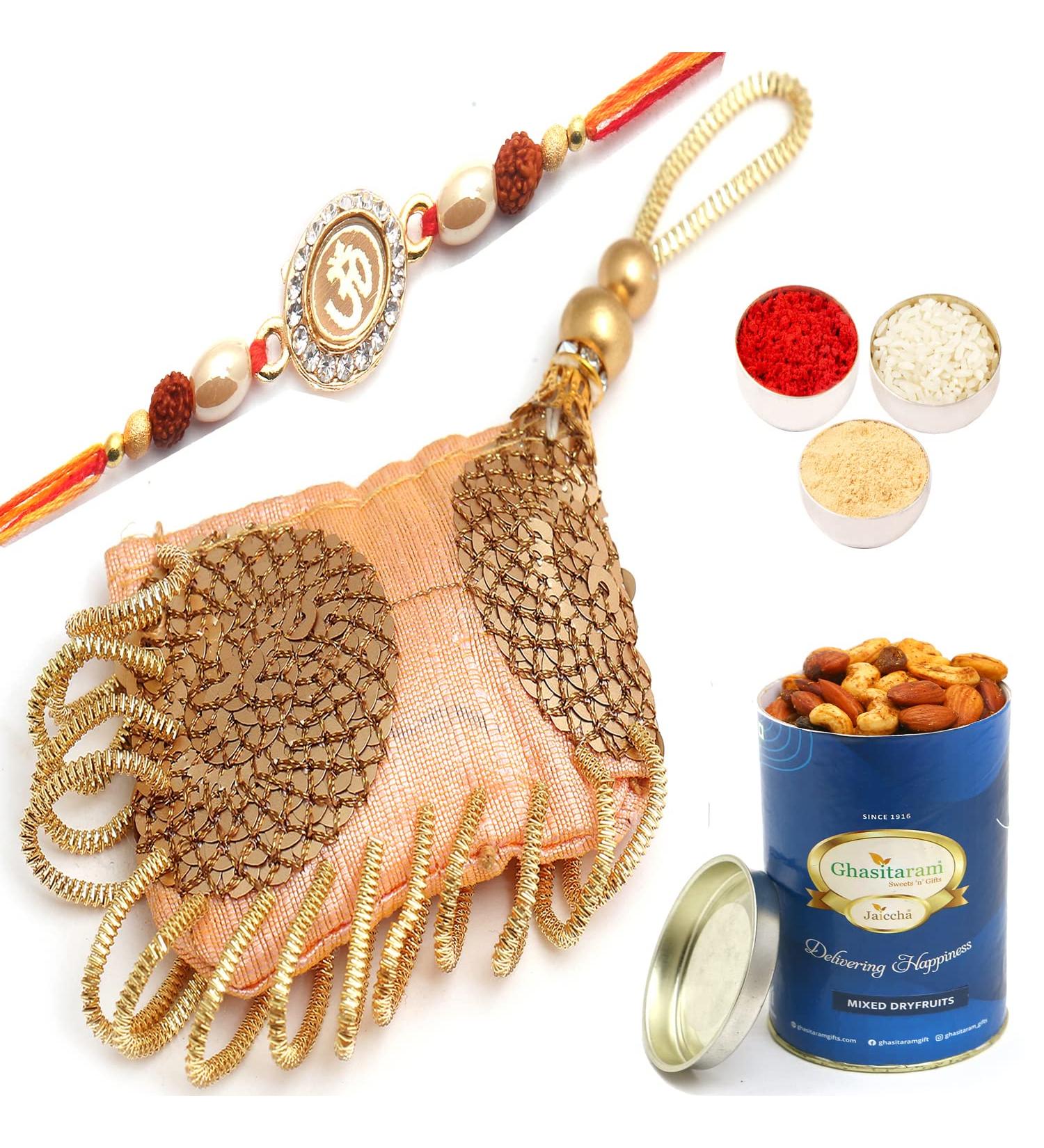 Ghasitaram Gifts Rakhis Online - Rakhi for Brother- Cushions of Bonds Bhaiya Bhabhi Rakhi with 100 GMS of Dryfruits Mix Can Rakhi Set with 100 gms of Dryfruits Mix Can - Buy Online on GoSupps.com