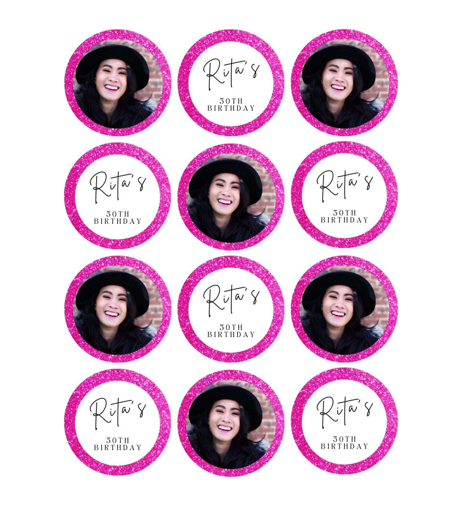 12 x 6cm personalised Pink edible Your Photo/wording cocktail drink toppers uncut ! Birthday/Hen/Anniversary Etc