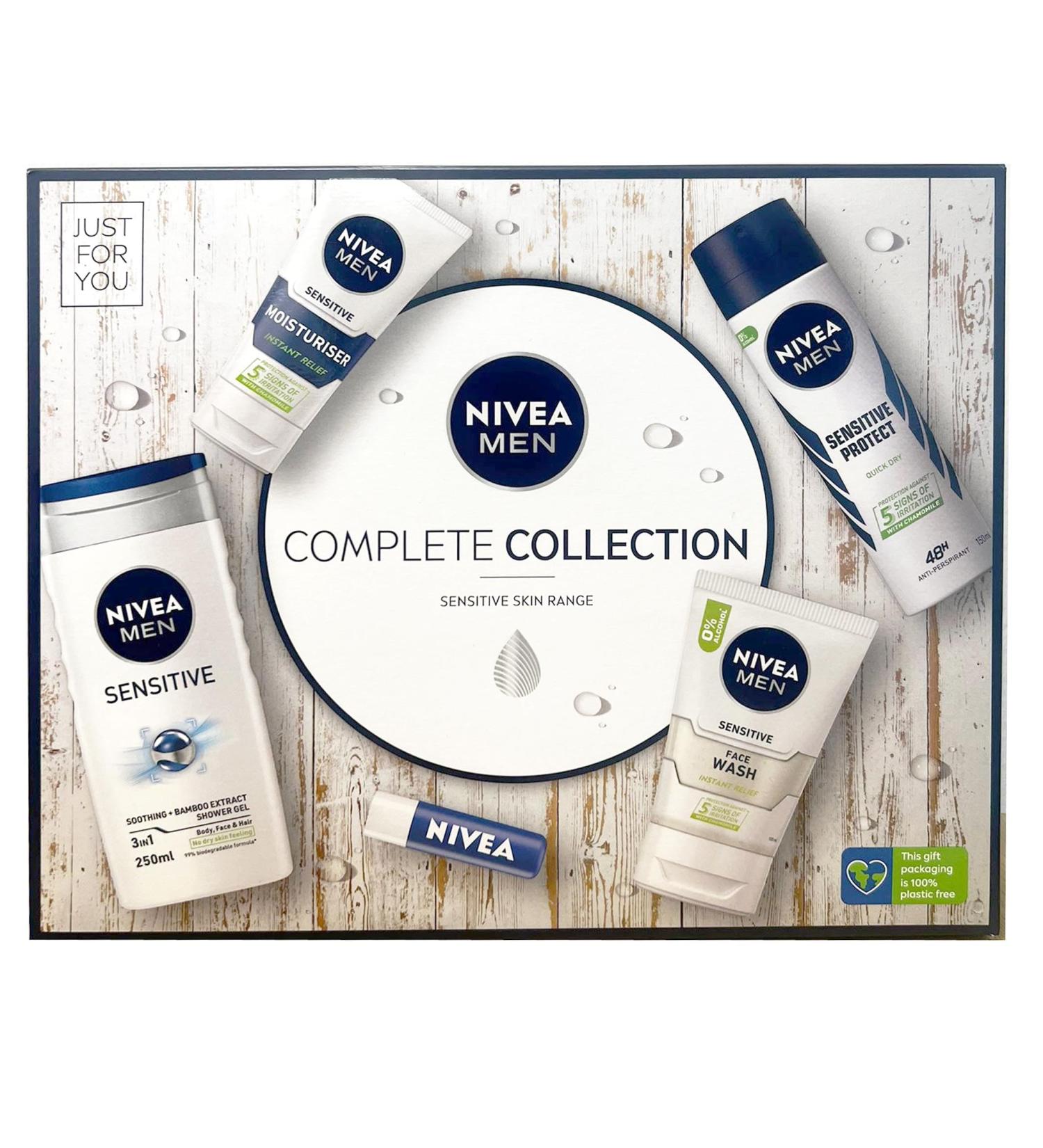 NIVEA Men Complete Collection Sensitive Skincare Gift Set - Shower Gel Moisturiser Face Wash Anti-Perspirant Lip Balm