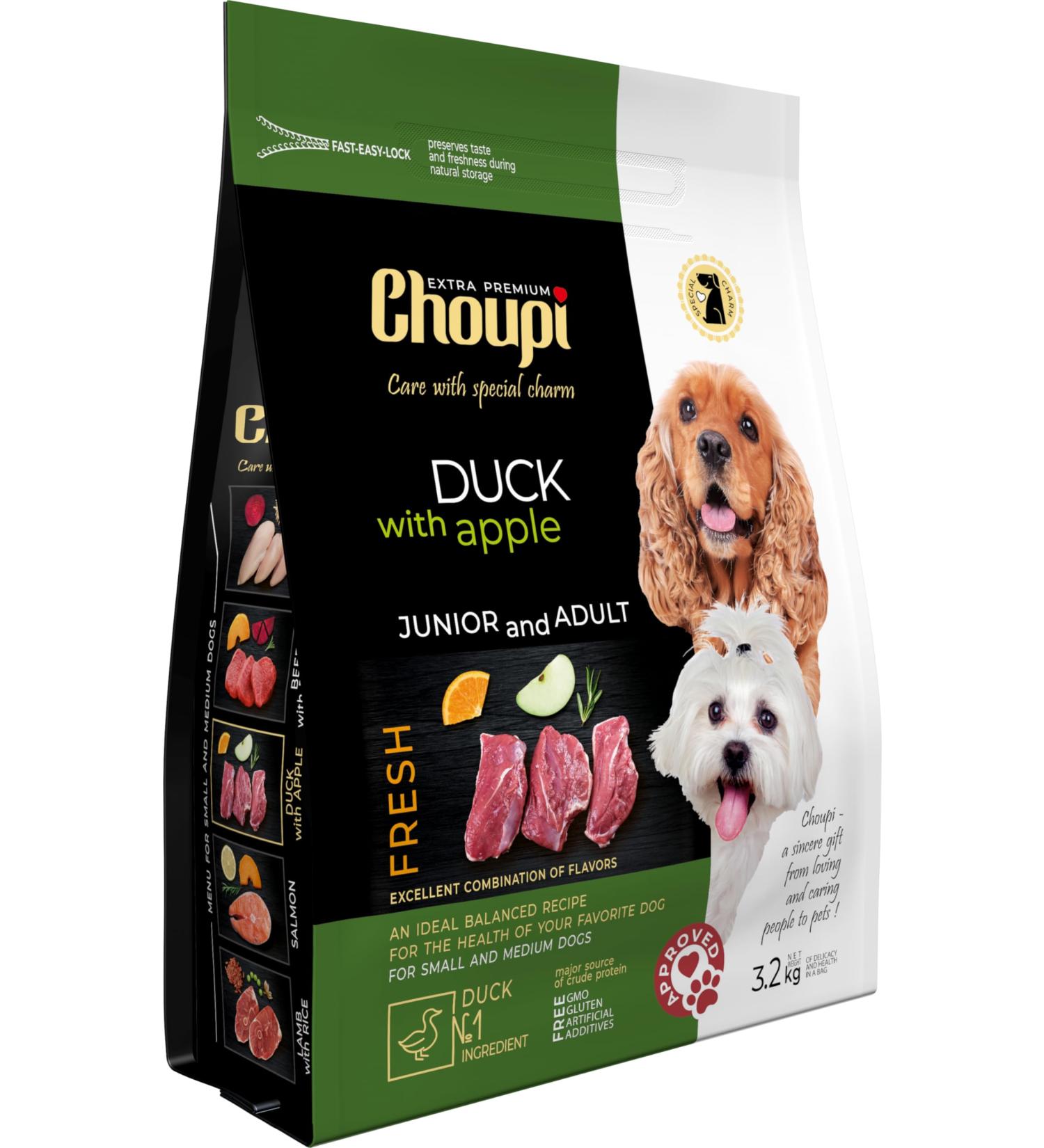 CHOUPI Extra Premium Dry Food for Small and Medium Breed Dogs 3.2 kg Duck with Apple in