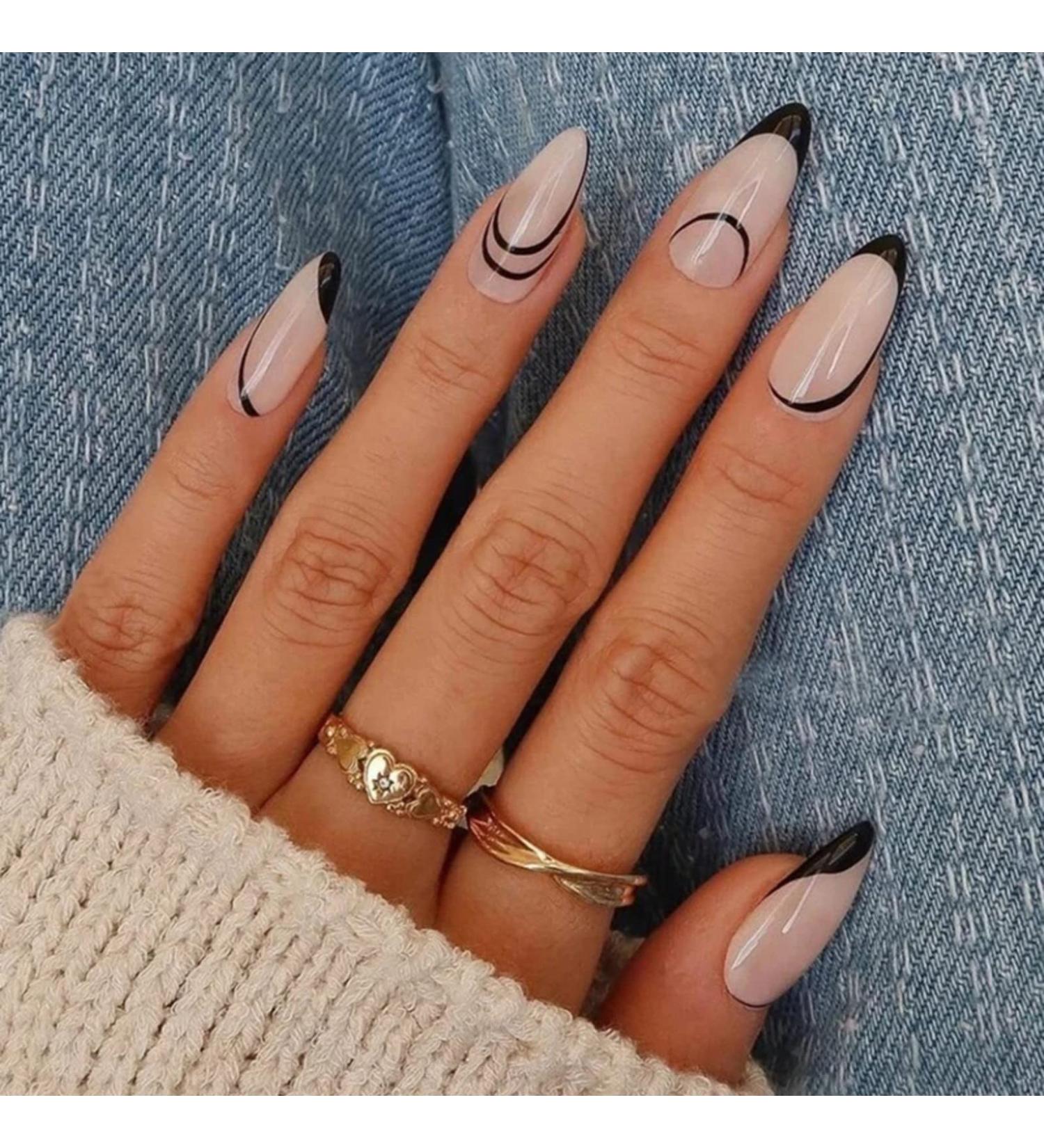 Justotry 24 Pcs Stiletto Black French Press On Short False Nails with Nail Glue - Gradient Nude Almond Stick on Nails for Women - Medium Size Fake Nails for Art - Buy Online on GoSupps.com