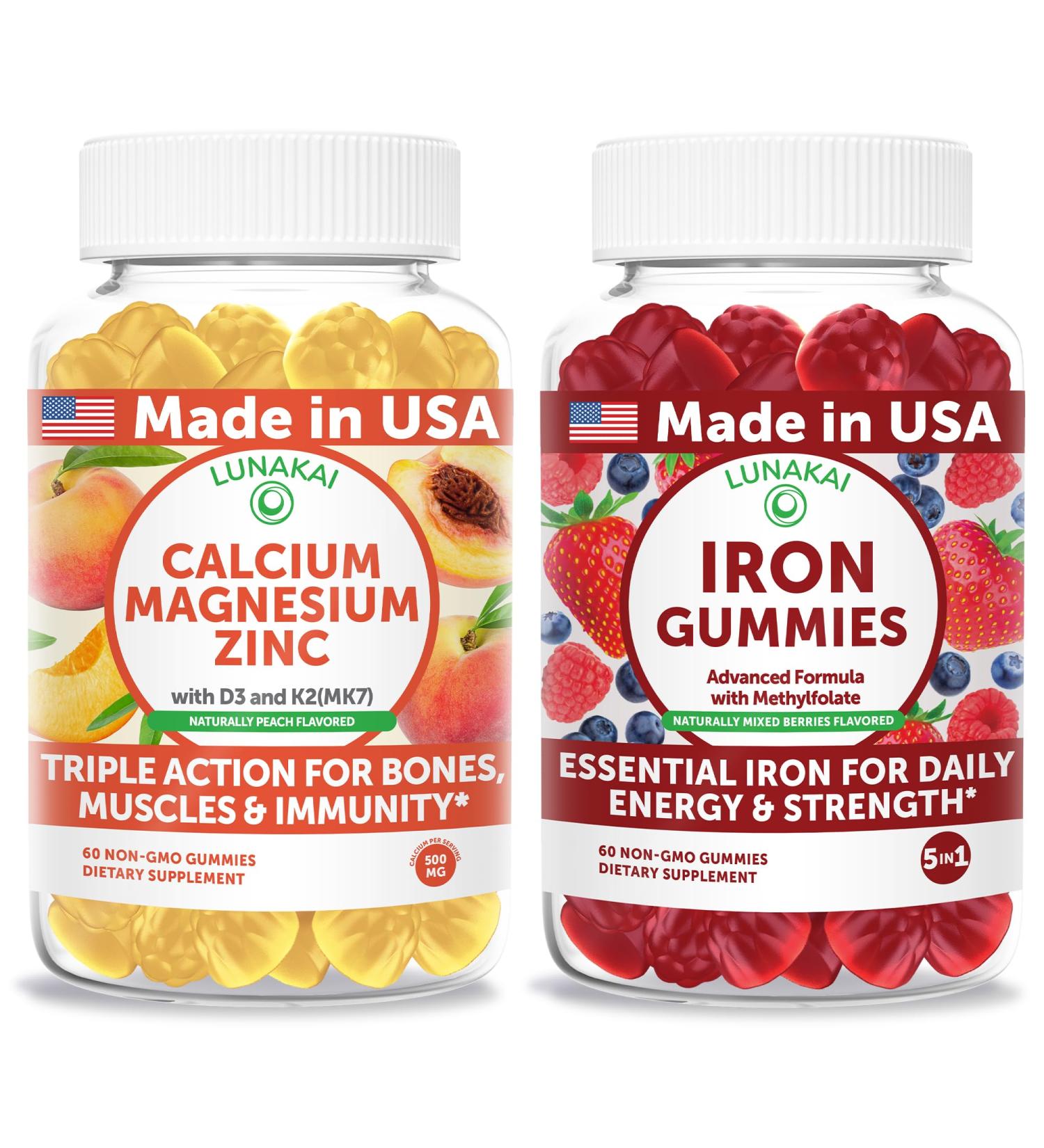 Lunakai USA Made Calcium Magnesium Zinc + Iron Gummies Bundle Naturally Flavored Non-GMO 60ct Each - Buy Online on GoSupps.com