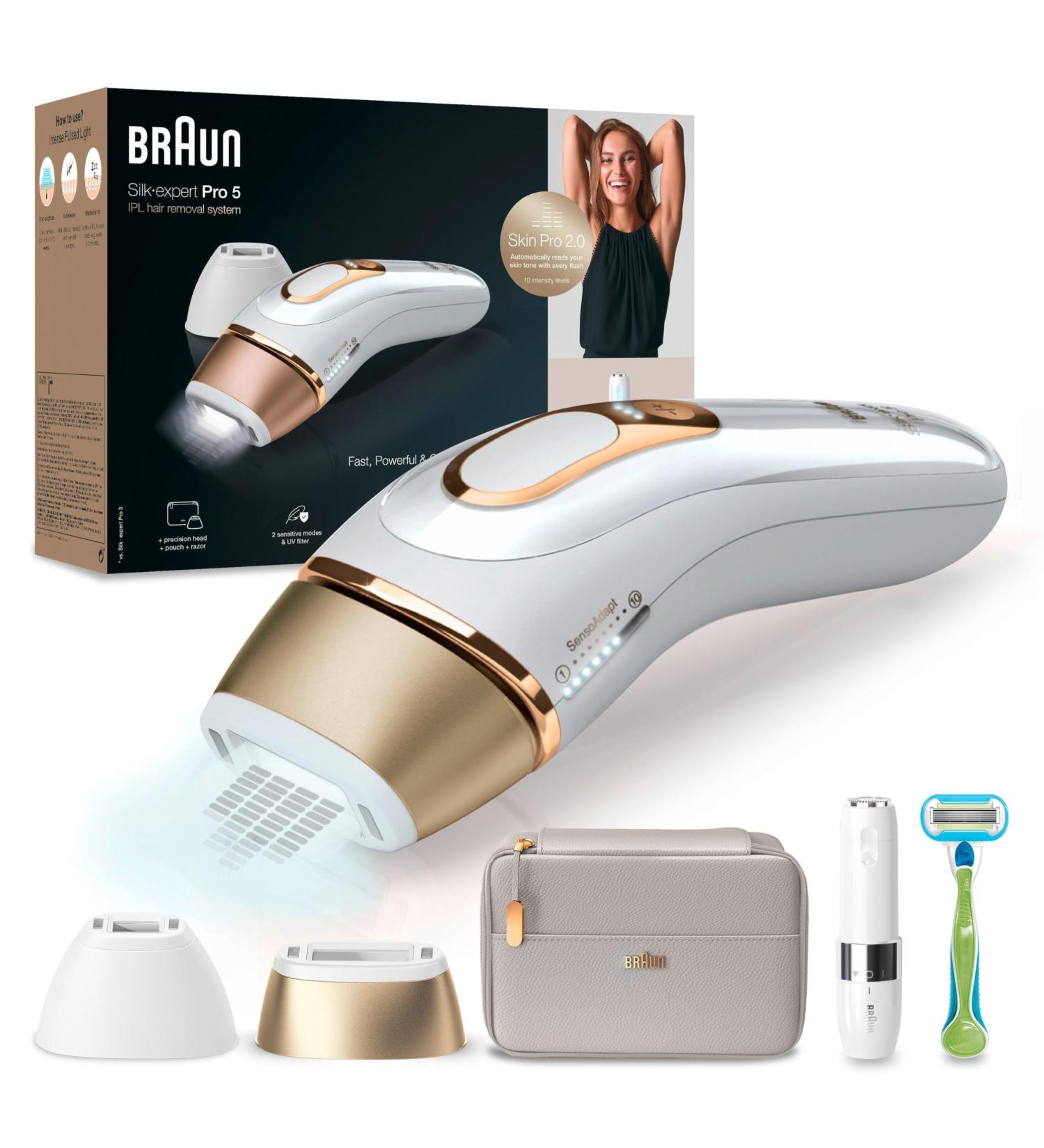 Braun IPL Silk Expert Pro 5 Hair Removal Device for Women - 2 Attachments Facial Hair Remover Laser Hair Removal Alternative - PL5159 - Designed in Germany White/Gold - Buy Online on GoSupps.com