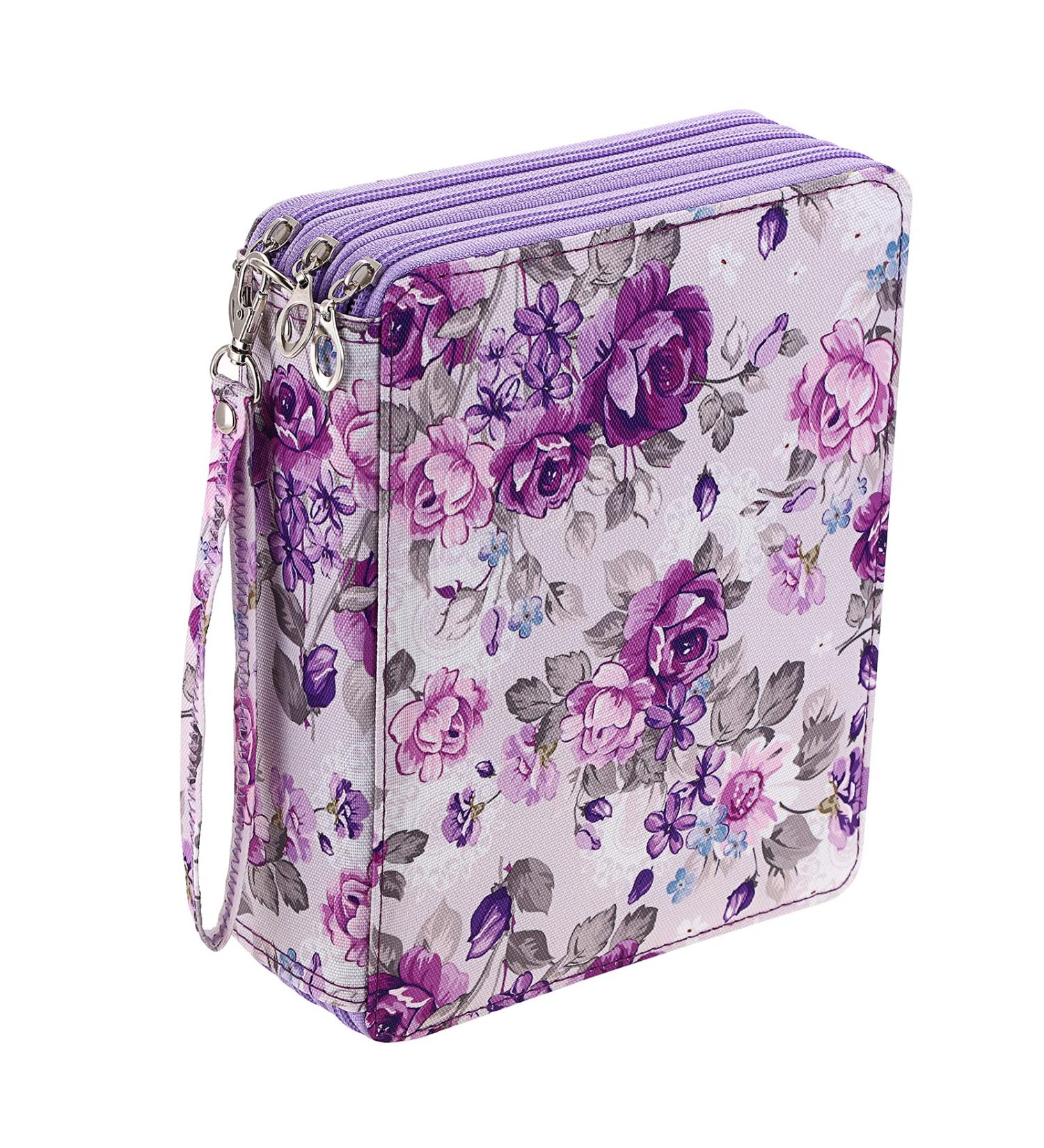 BTSKY Colored Pencil Case- 120 Slots Pencil Holder Pen Bag Large Capacity Pencil Organizer with Handle Strap Handy Colored Pencil Box with Printing Pattern (Purple Flower) - Buy Online on GoSupps.com