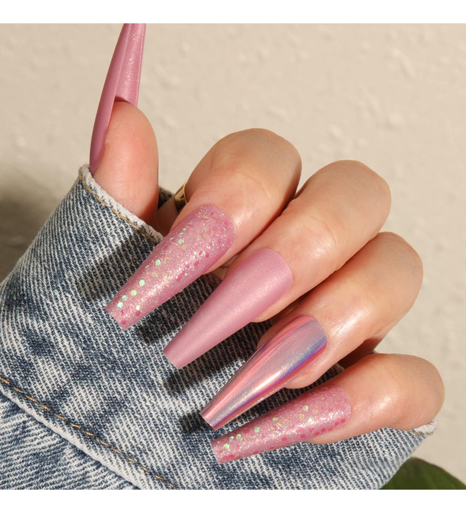 Black Snake Design Glossy Acrylic Long Fake Nails - 24PCS Pink Press On Nails for Women and Girls - Buy Online on GoSupps.com