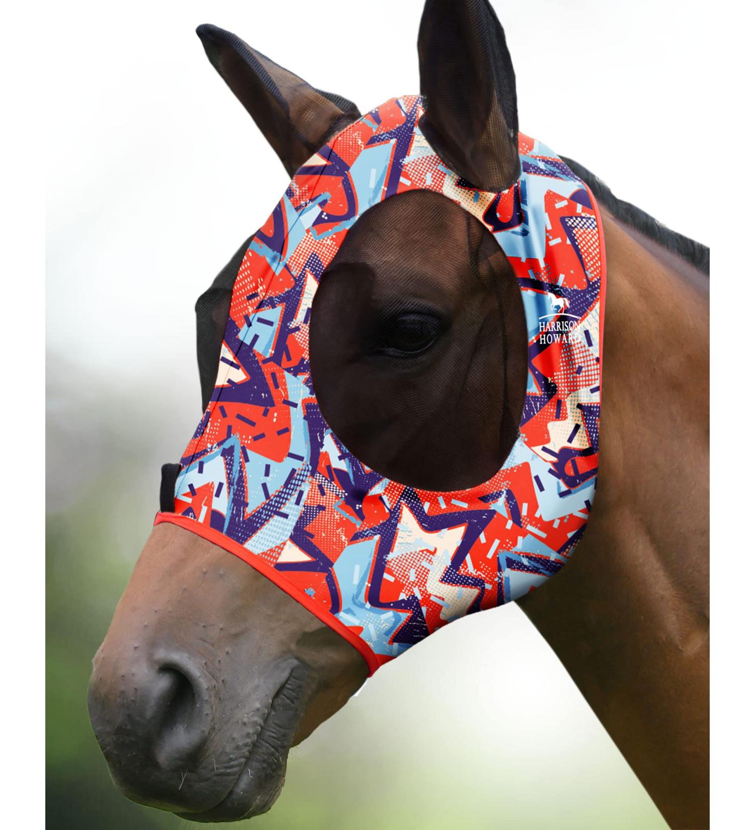 Harrison Howard Super Comfort Stretchy Fly Mask - Large Eye Space UV Protection Breathable Orange Geo-Print (L) - Ideal for Horses - Buy Online on GoSupps.com