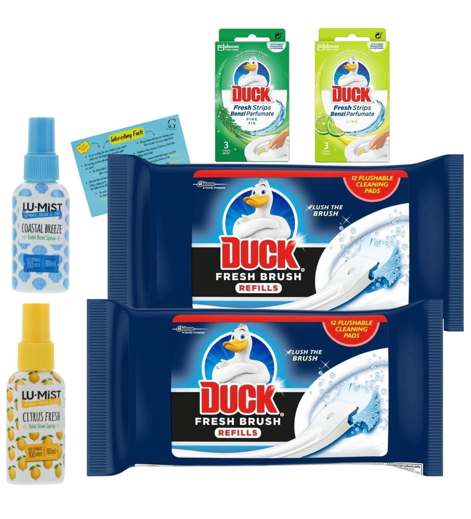 Toilet Cleaning Bundle with Toilet Duck Fresh Brush Refills (2 packs of 12 pads) Duck Toilet Strips (3 Pine and 3 Lime) 2 x 60ml Lu-Mist Poo Spray For Toilet and Glameno Interesting Facts Card - Buy Online on GoSupps.com