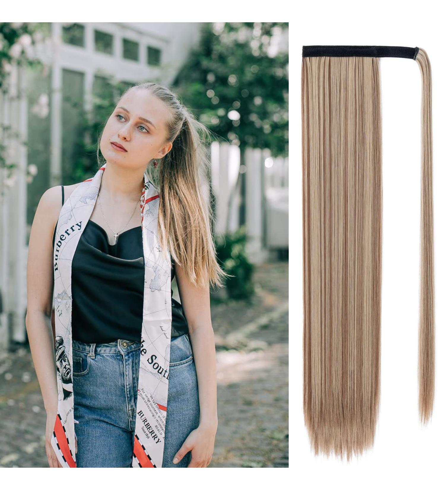 Sleek Silk-co 28 Inch Clip-In Ponytail Hairpiece in Light Brown & Blond - Heat-Resistant Fiber - Women's Straight Ponytail Extension - Buy Online on GoSupps.com