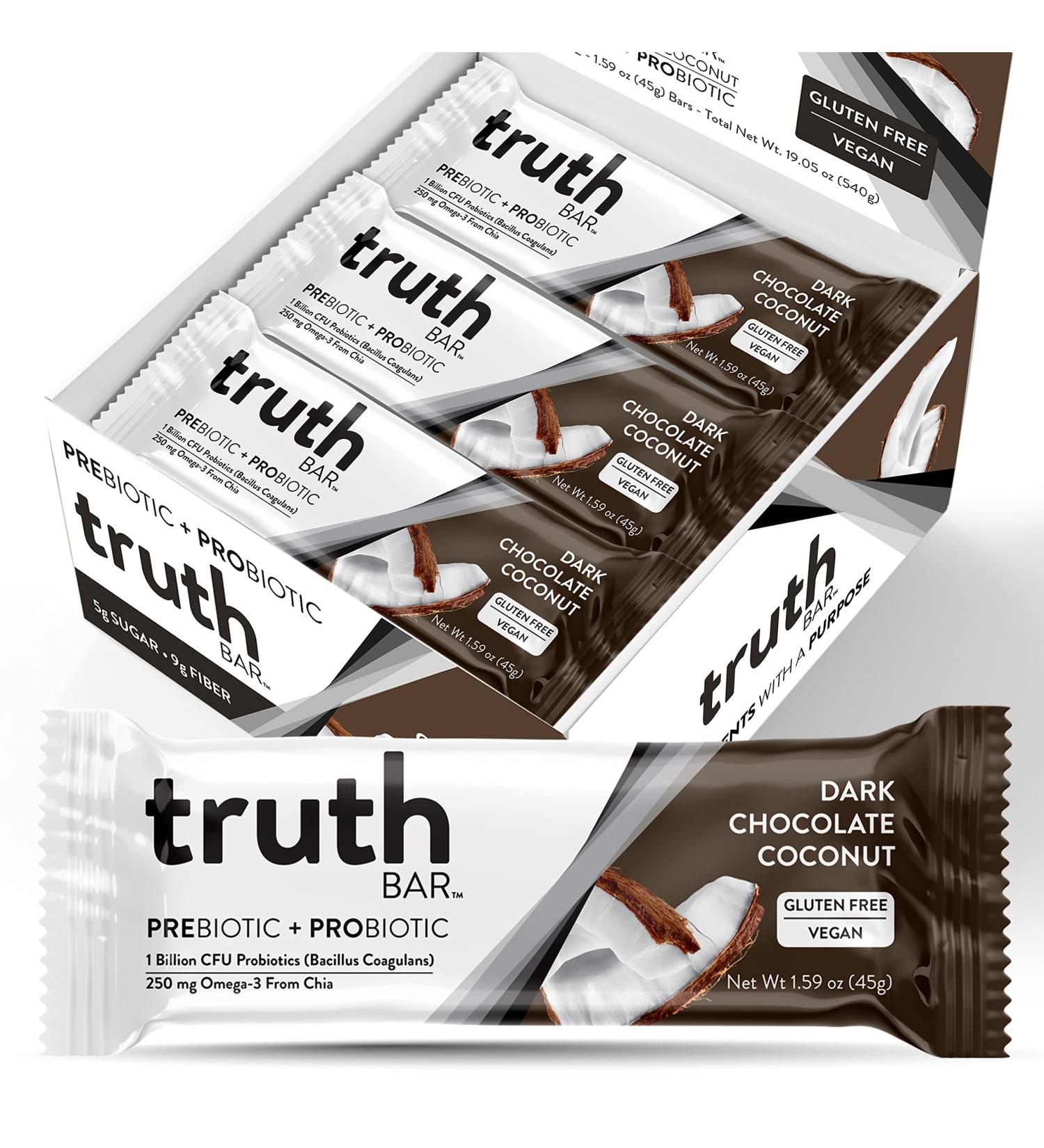 Truth Bar Healthy Snack | Omega 3 from Chia | Plant Based with Prebiotics & Probiotics | High Fiber, Low Sugar, Keto | Kosher Dark Chocolate | Vegan & Gluten-Free | 12 Ct, 45g ea, Chocolate Coconut - Buy Online on GoSupps.com