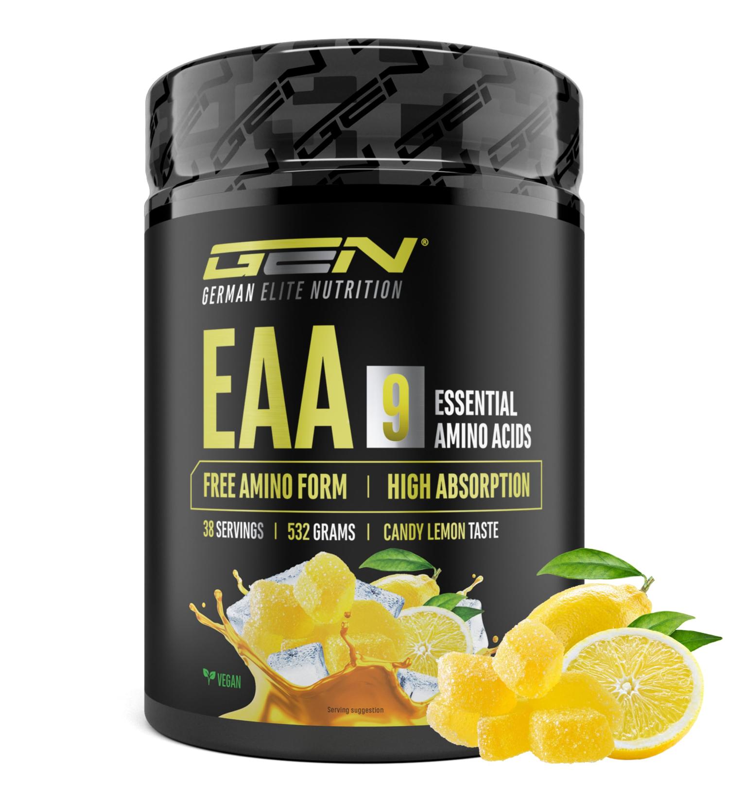  GEN GERMAN ELITE NUTRITION EAA powder 532g (38 servings) - The 9 essential amino acids incl. histidine & BCAA - Human Code formula - Vegan - Very good solubility - Refreshing amino acid drink (Candy Lemon) - Buy Online on GoSupps.com