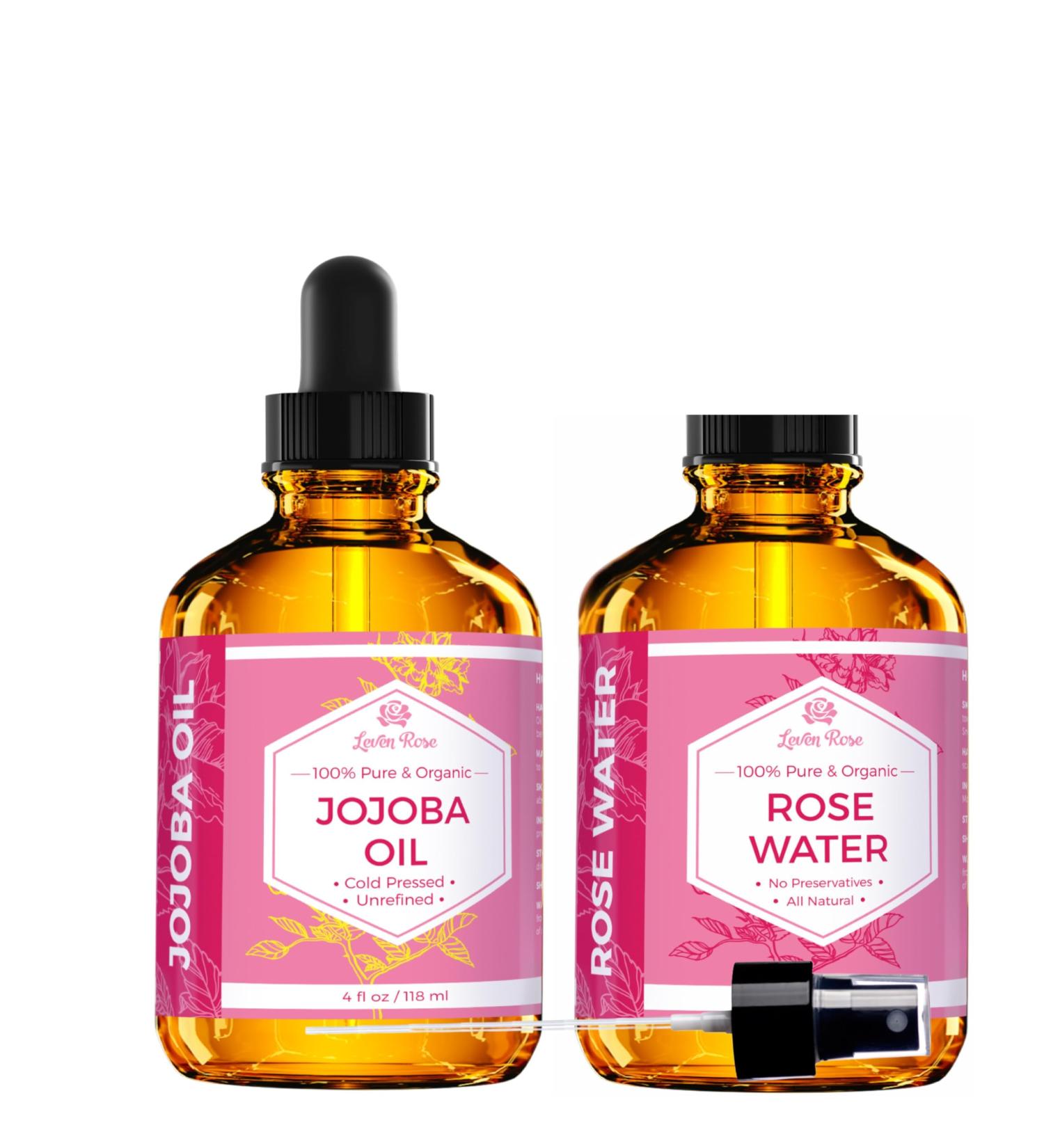 Jojoba Oil + Rose Water for Face Facial Toner Bundle by Leven Rose - Jojoba Moisturizer for Skin Hair Body and Nails 4 oz & Pure Moroccan Rosewater 4 oz - Buy Online on GoSupps.com