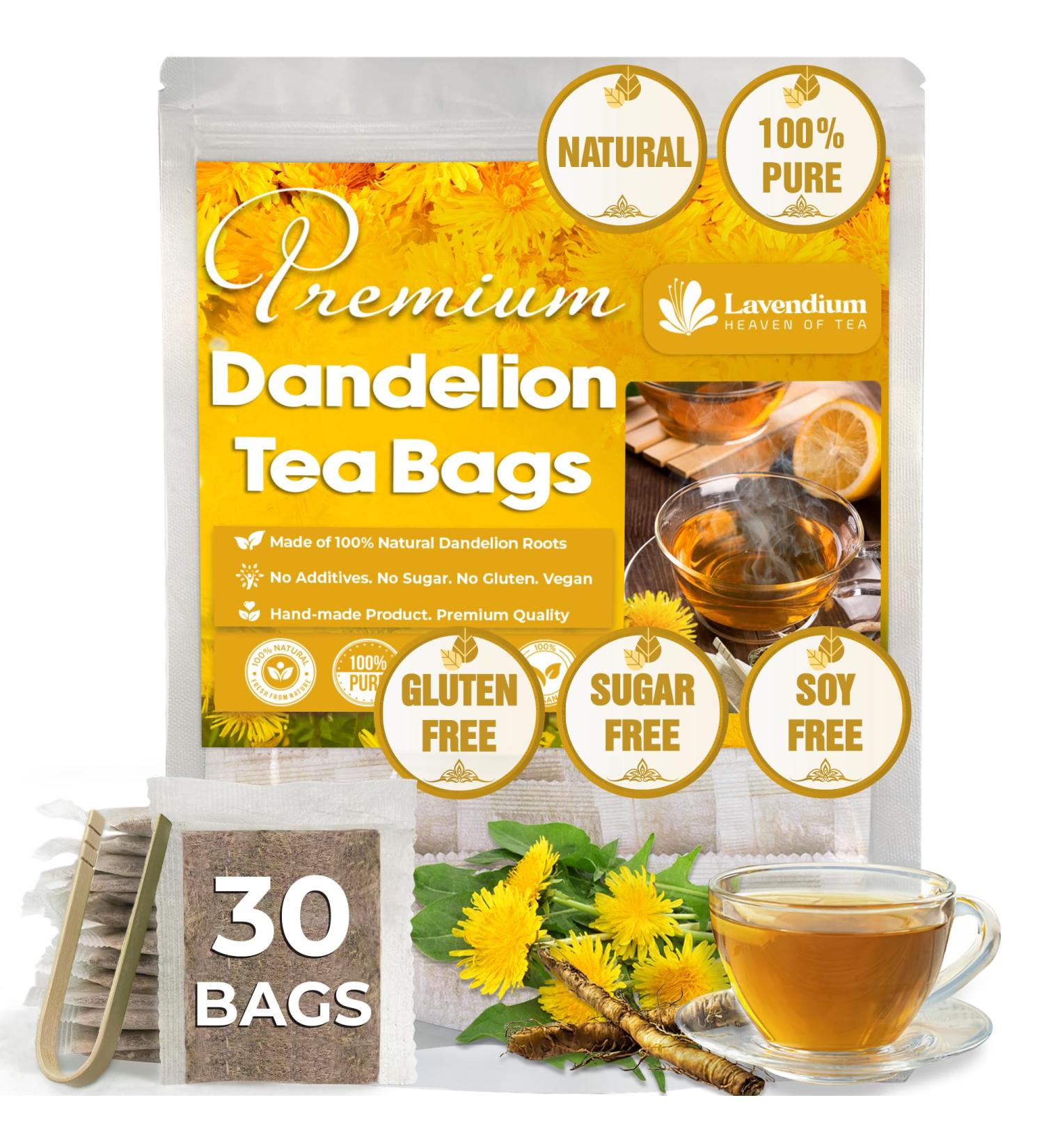 Lavendium Premium 30 Dandelion Root Tea Bags 100% Natural & Pure from Dandelion Root Eco-Conscious Tea Bags Dandelion Root Herbal Tea. No Sugar No Caffeine No Gluten Vegan. - Buy Online on GoSupps.com