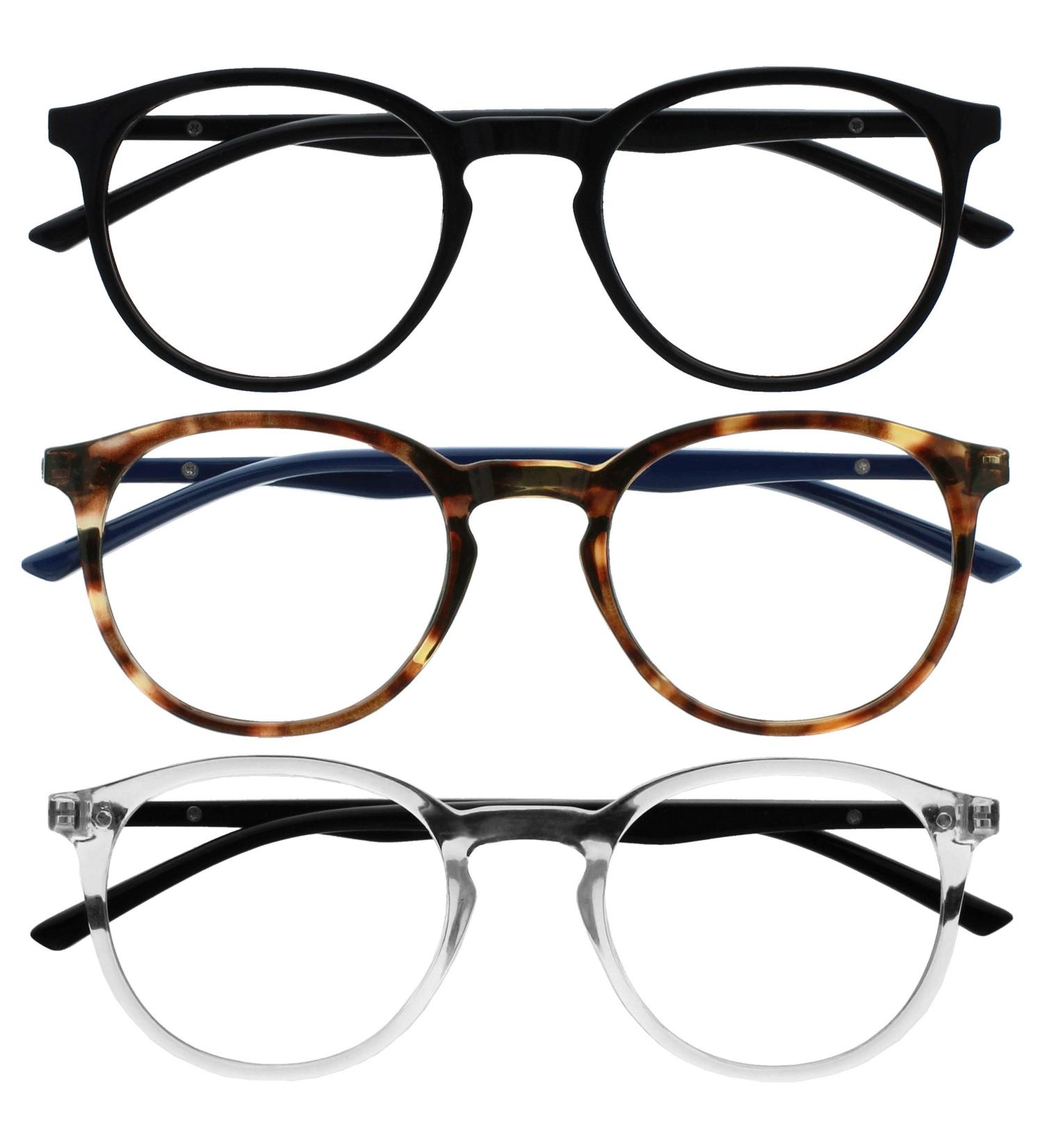 Opulize MET Blue Light Filter Reading Glasses 3 Pack - Slim Round Frame Spring Hinges Improve Sleep Ideal for Computer & Gaming - Black Brown & Clear Diopters +1.00 - Buy Online on GoSupps.com