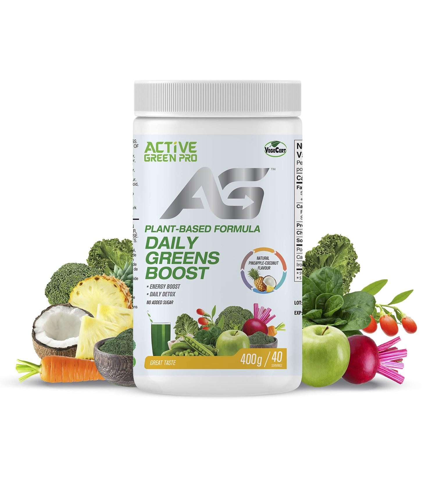 Active Green Pro - Greens Powder 14 Superfoods - Perfect for Smoothies - Antioxidants Fiber Vitamins & Minerals - Detox Your Body and Improve Health and Mood Natural Pineapple-Coconut Flavour Natural Pineapple - Coconot Flavour - Buy Online on GoSupps.com