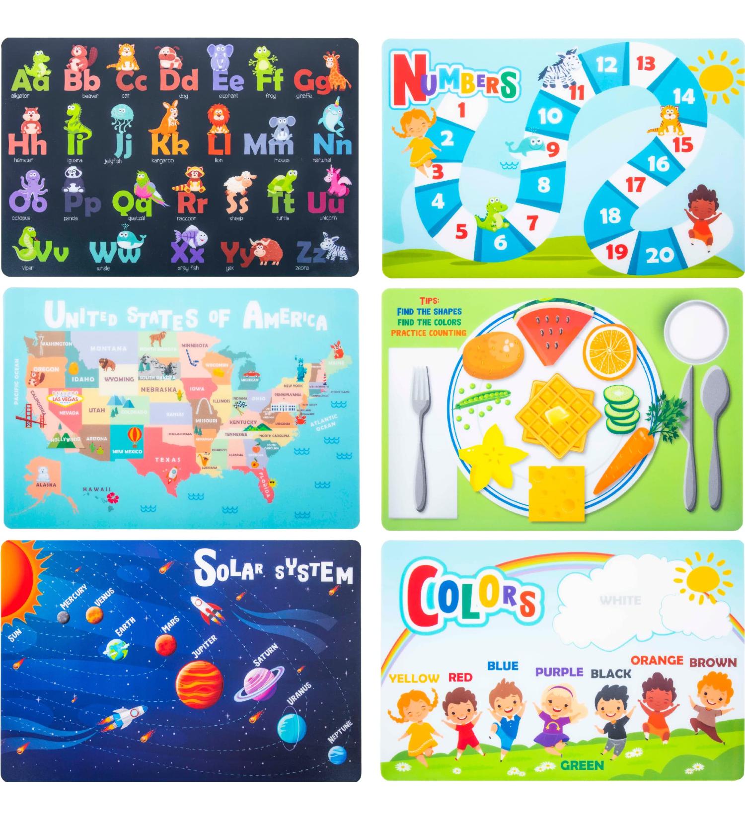 Hapinest 6 Pack Reusable Non Slip Educational Placemats for Toddlers and Kids - Fun & Functional Learning Mats - Buy Online on GoSupps.com