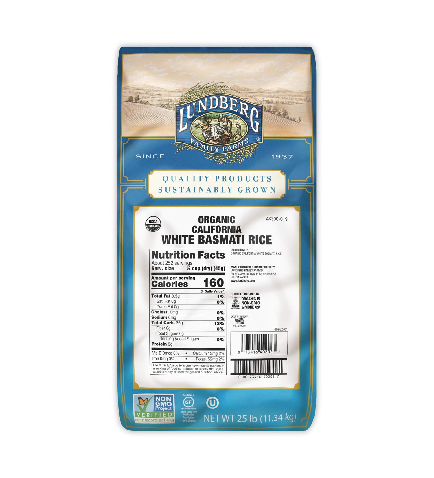 Lundberg Family Farms Organic California White Basmati Rice - 25 lb Bulk Pack | Pleasant Aroma, Fluffy Texture, Non-GMO & Gluten-Free - Buy Online on GoSupps.com