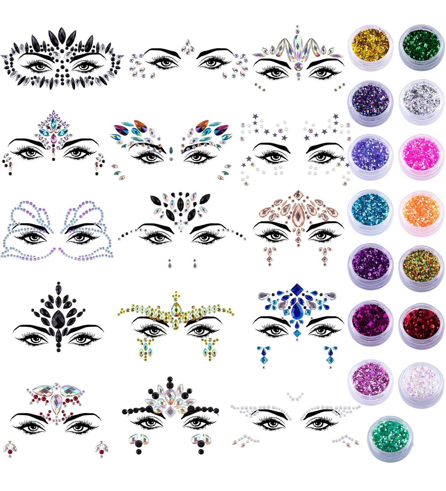 Dazzle at Festivals with Duufin Face Jewels and Glitter Set - 15 Sets of Rhinestone Face Stickers and Chunky Glitter for Rave, Carnival, and Parties - Buy Online on GoSupps.com
