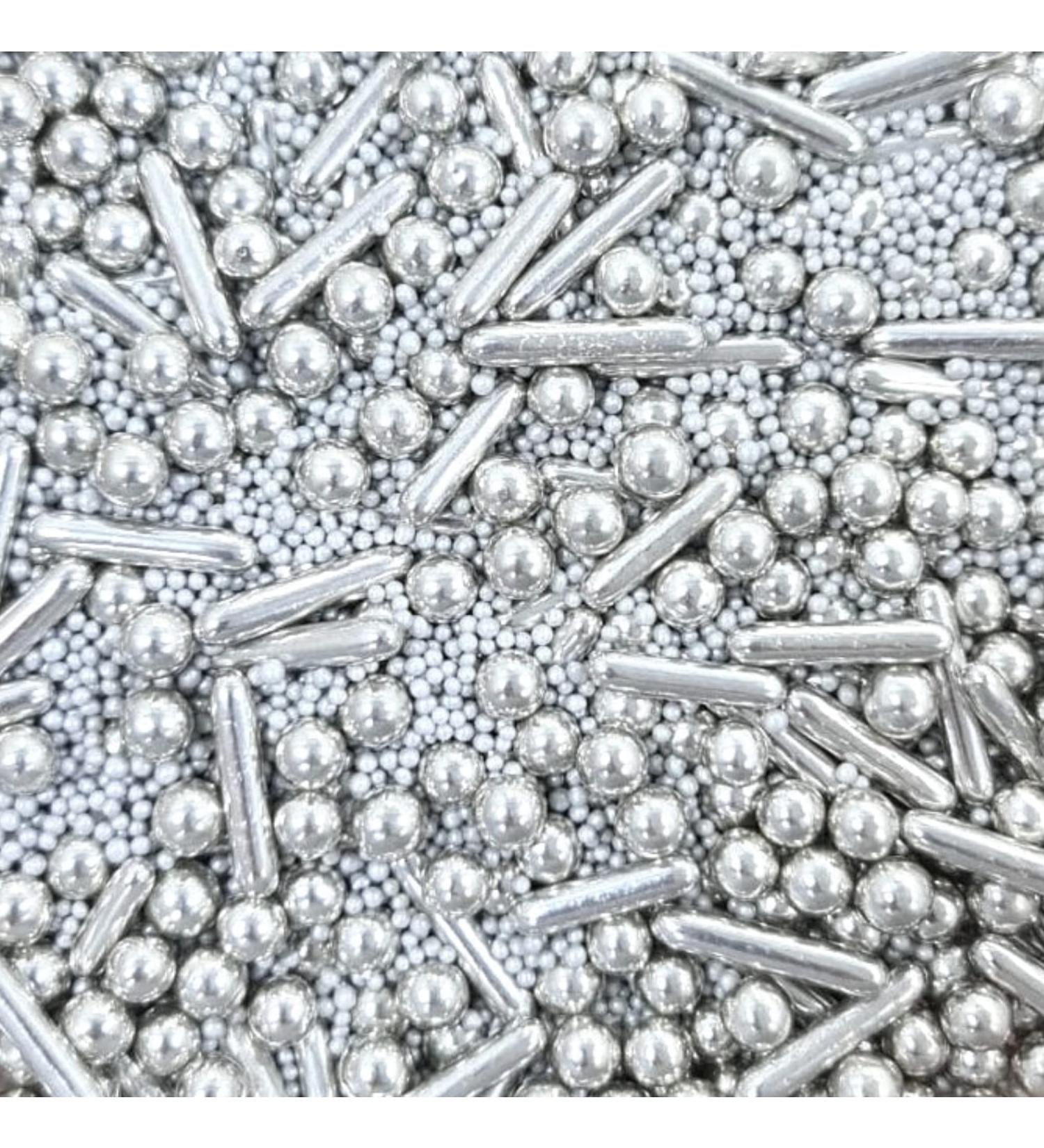 Silver Sprinkles luxury metallic mix edible cake decorations cupcake cake toppers pearls grey balls shiny balls pearls 100s 1000s rods Christmas silver goddess