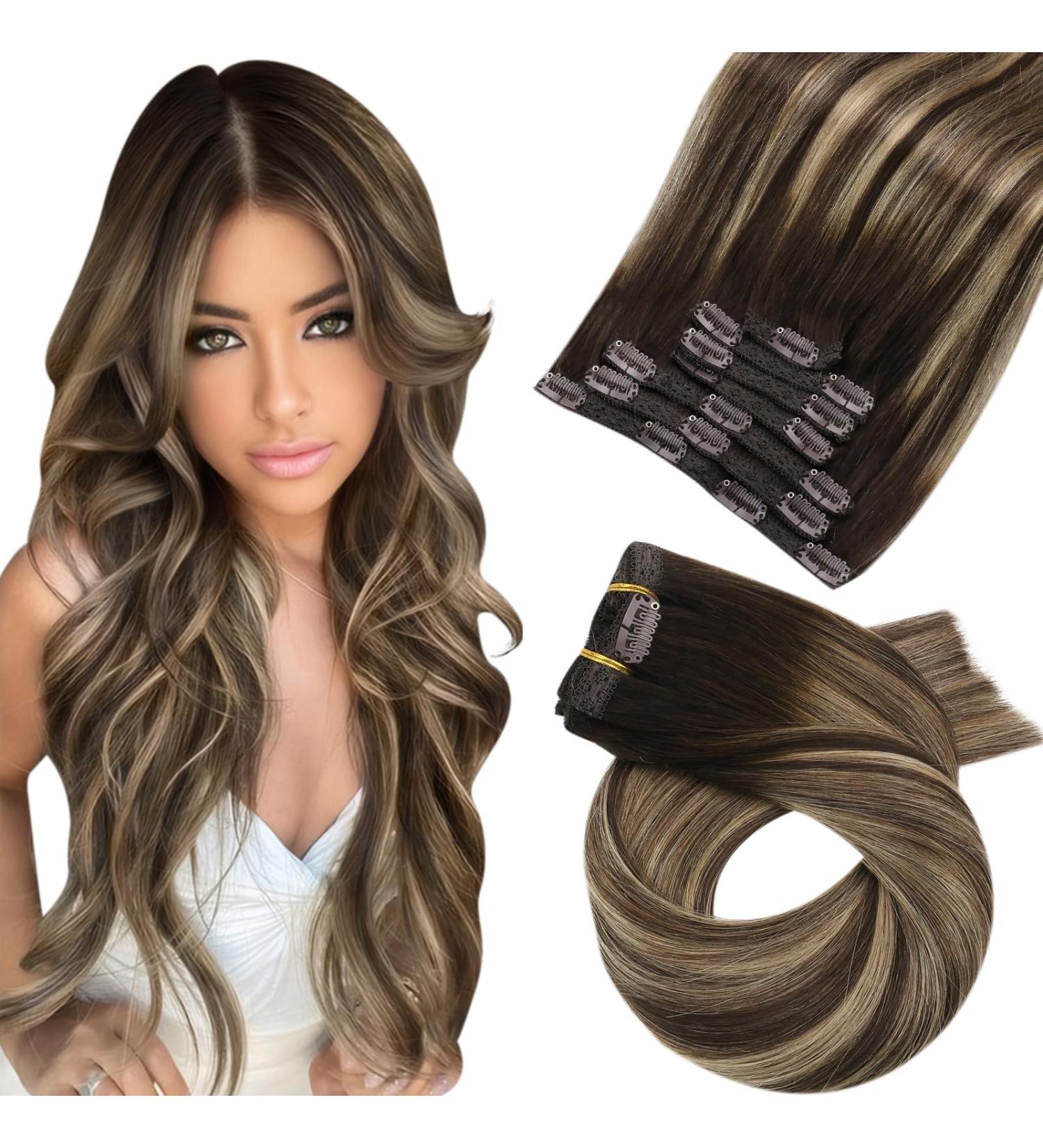 Moresoo Balayage Clip-In Extensions - Real Remy Hair Ombre Double Tress Dark Brown to Ash Blonde 7pcs/120g 55cm #4/27/4 - International Shipping Available - Buy Online on GoSupps.com