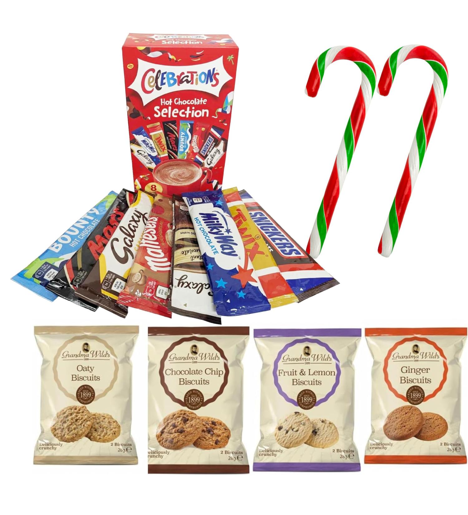 Hot Chocolate Gift Set - 8 Celebrations Hot Chocolate Sachets Selection Gift Hamper Gift Set Candy Canes Cookies - Valentine's Day Mother's Day Kids Adults