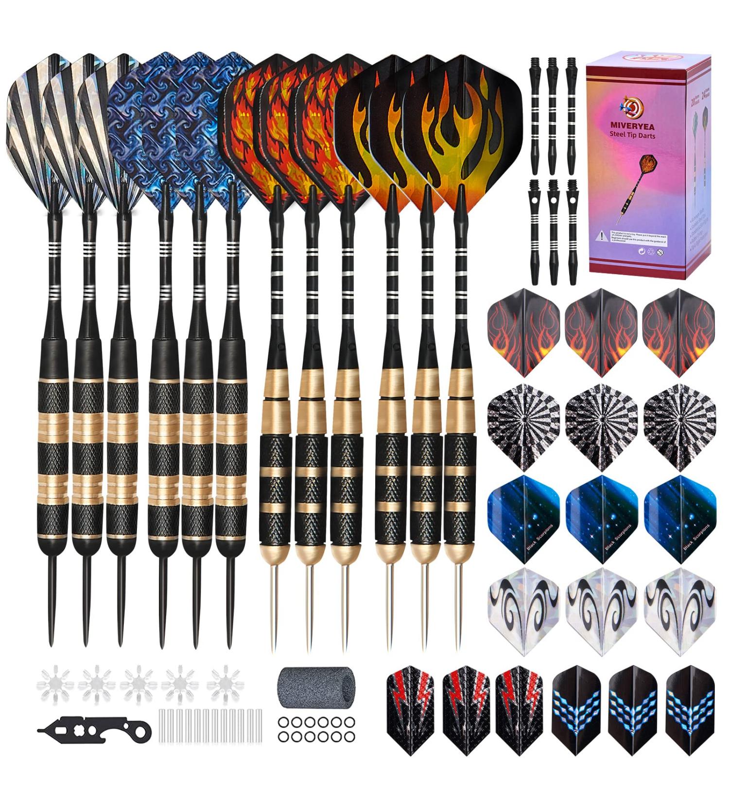 MIVERYEA Steel Tip Darts  Darts Metal Tip Set Professional  20 and 24 Grams Steel Darts with Aluminum Shafts  Brass Barrels  Extra Dart Flights  Sharpener Tool Kit  12 Pack - Buy Online on GoSupps.com