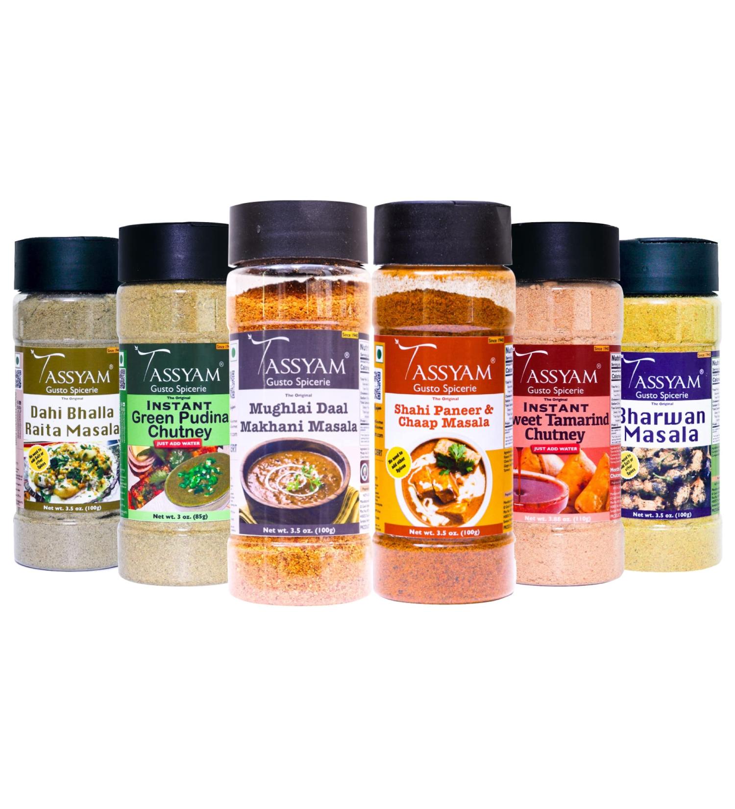 Tassyam Northern Cuisine Spice Combo 595 grams Dispensers | Since 1940 | Shahi Paneer Daal Makhani Mint Chutney Tamarind Chutney Bharwan Masala Raita Masala | Incredible Value - Buy Online on GoSupps.com