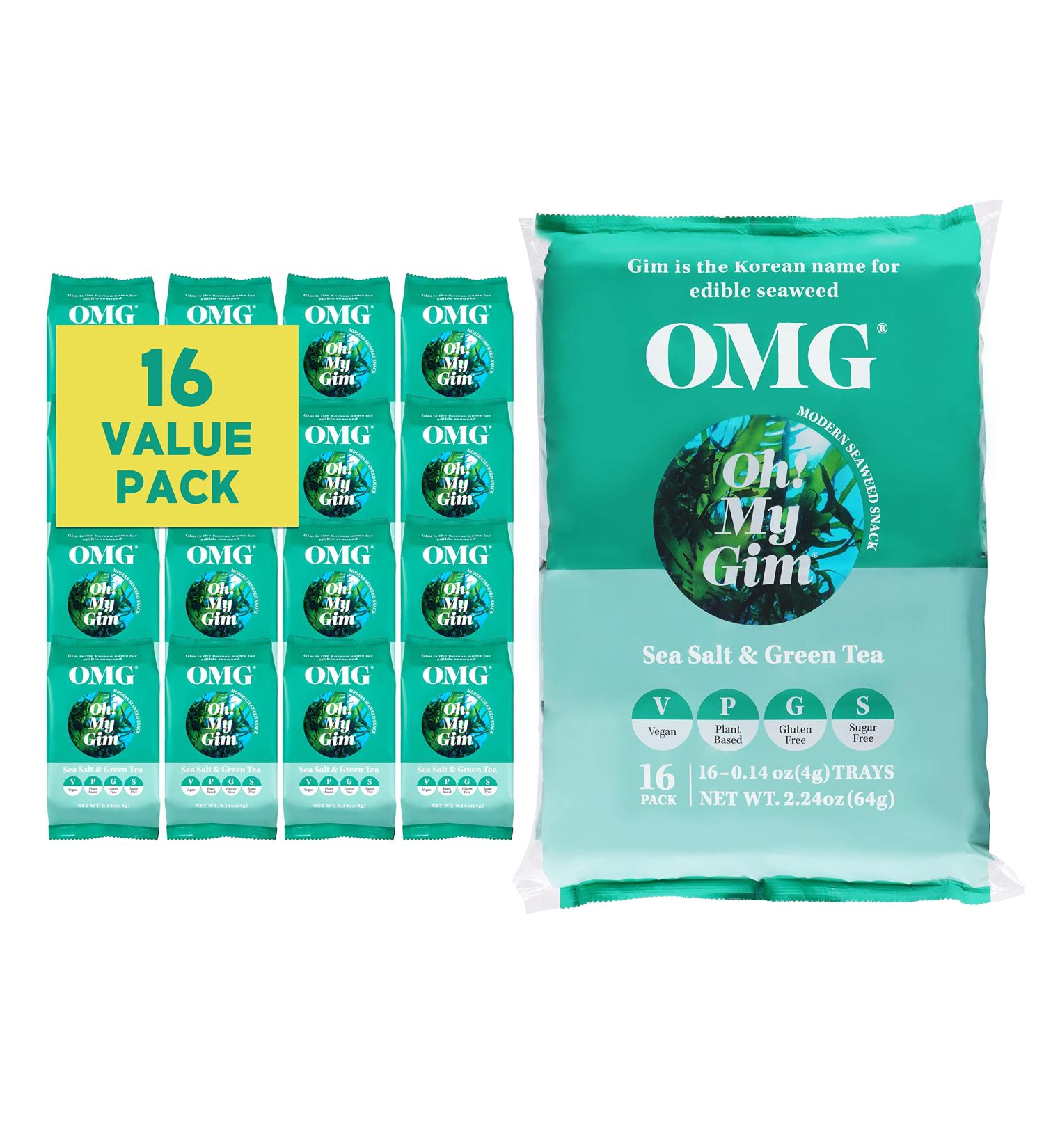 Oh!My Gim Seaweed Snack 16 Pack | Vegan Sea Salt & Green Tea Chips | Premium Dried Algae from South Korea - Healthy Snack Options - Buy Online on GoSupps.com