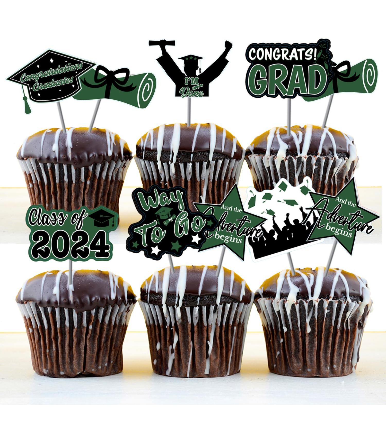 48pcs Graduation Cupcake Toppers Green Grad Cap Diploma Cupcake Toppers Supplies for Graduation Class of 2024 Party Decorations 8 designs - Buy Online on GoSupps.com