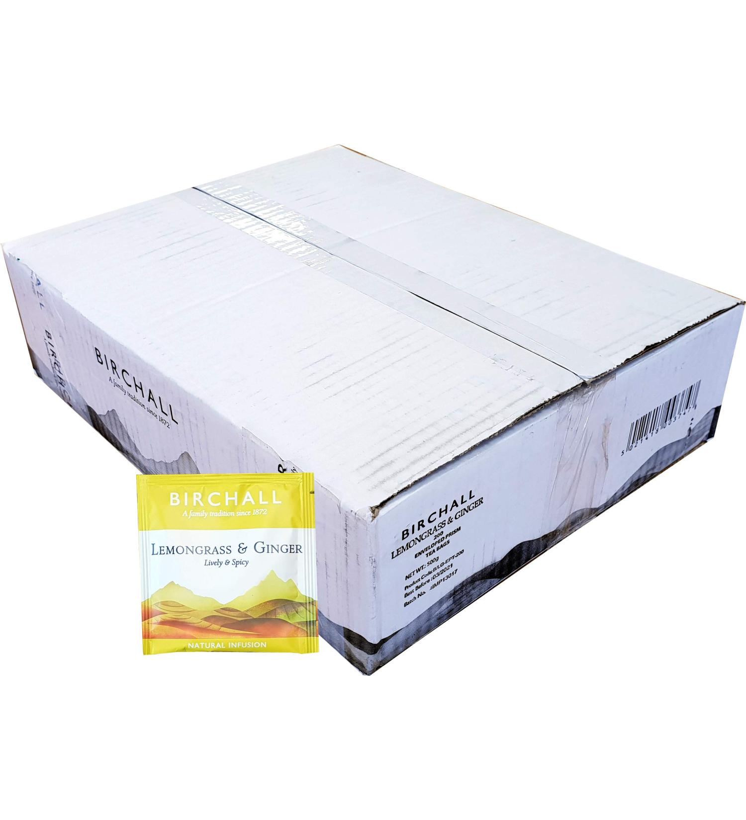 Birchall Tea Bags Pure Lemongrass & Ginger Herbal Tea - Rich in Antioxidants & Anti-inflammatory Properties Calming & Relaxing Box Of 200 Enveloped Plant-Based Prism Tea Bags