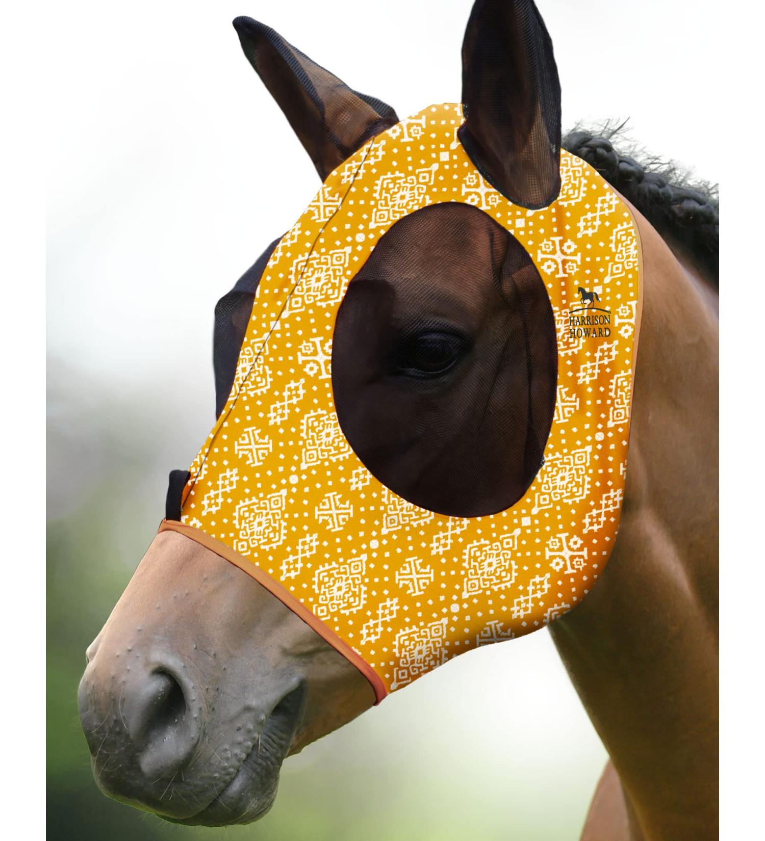 Harrison Howard Super Comfort Stretchy Fly Mask - Large Eye Space & UV Protection - Ethnic Style (Medium Yellow) - Buy Online on GoSupps.com