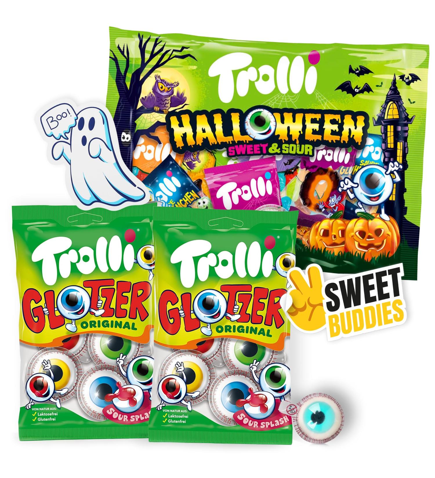 Trolli Glotzer & Halloween Sweet & Sour Pack 2x Yeux Glotzer + 1x Halloween Mix + Autocollant Fant me + Sticker Sweet Buddies Bonbons G lifi s Acidul s pour Soir e Party Cadeaux Enfants - Buy Online on GoSupps.com